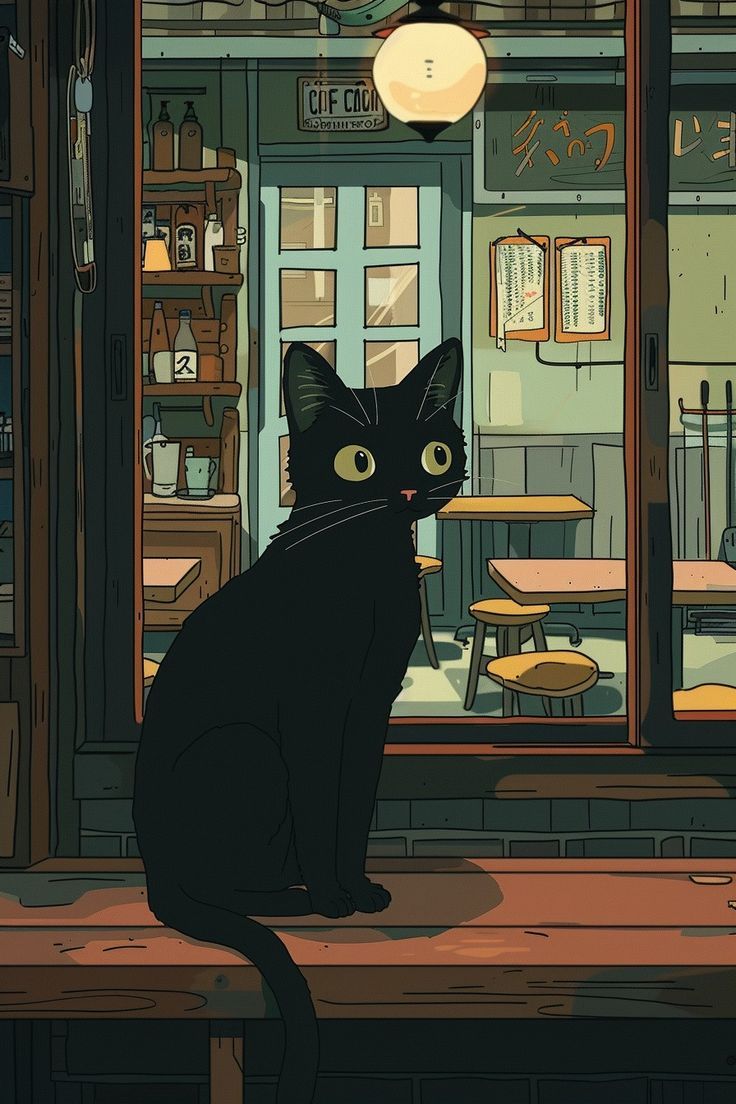 736x1104 LOFI BLACK ILLUSTRATED CUTE CAT with BIG YELLOW EYES, WALLPAPER