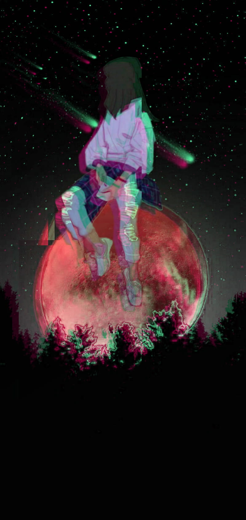 800x1689 Lofi Moon, anime, black, dark, forest, moon, music, night, red, stars, HD phone wallpaper