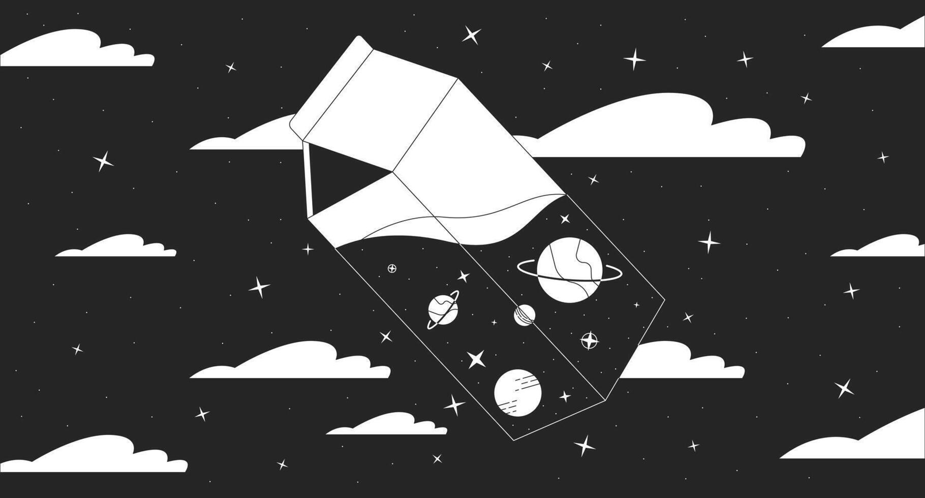 1820x980 Cosmic milk in night sky black and white lofi wallpaper. Transparent pack with planets and stars 2D outline cartoon flat illustration. Dream about space line lo fi aesthetic background 45928303 Vector Art