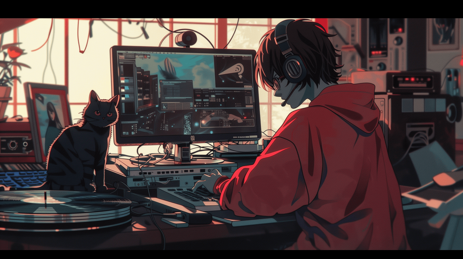 1920x1076 Lofi Anime Room HD Wallpaper: Cat & Creator