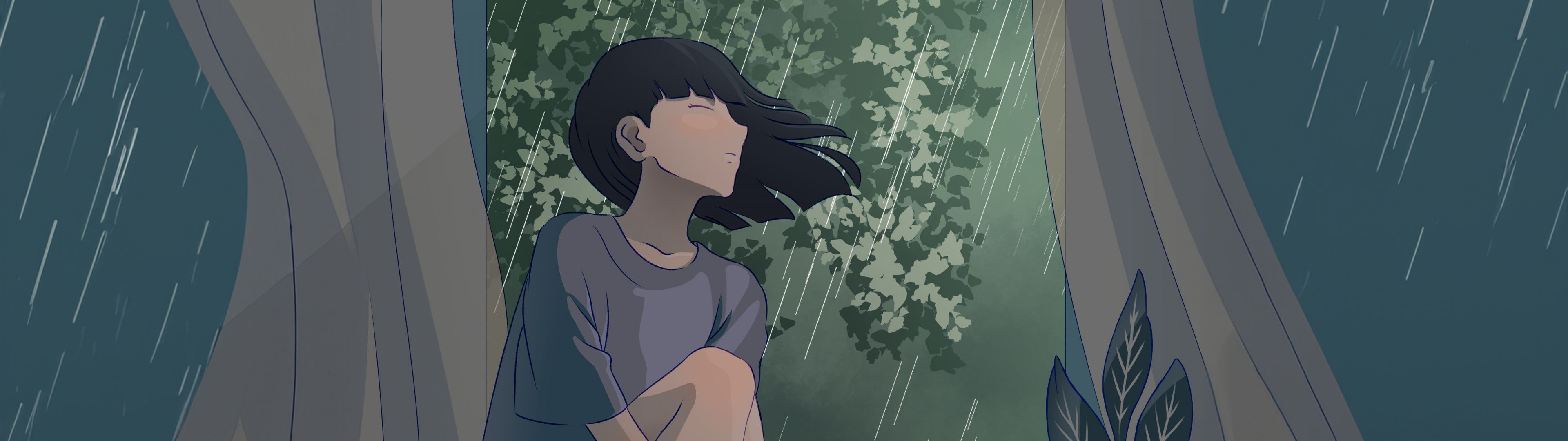 3840x1080 Lofi girl Wallpaper 4K, Raining, 5K