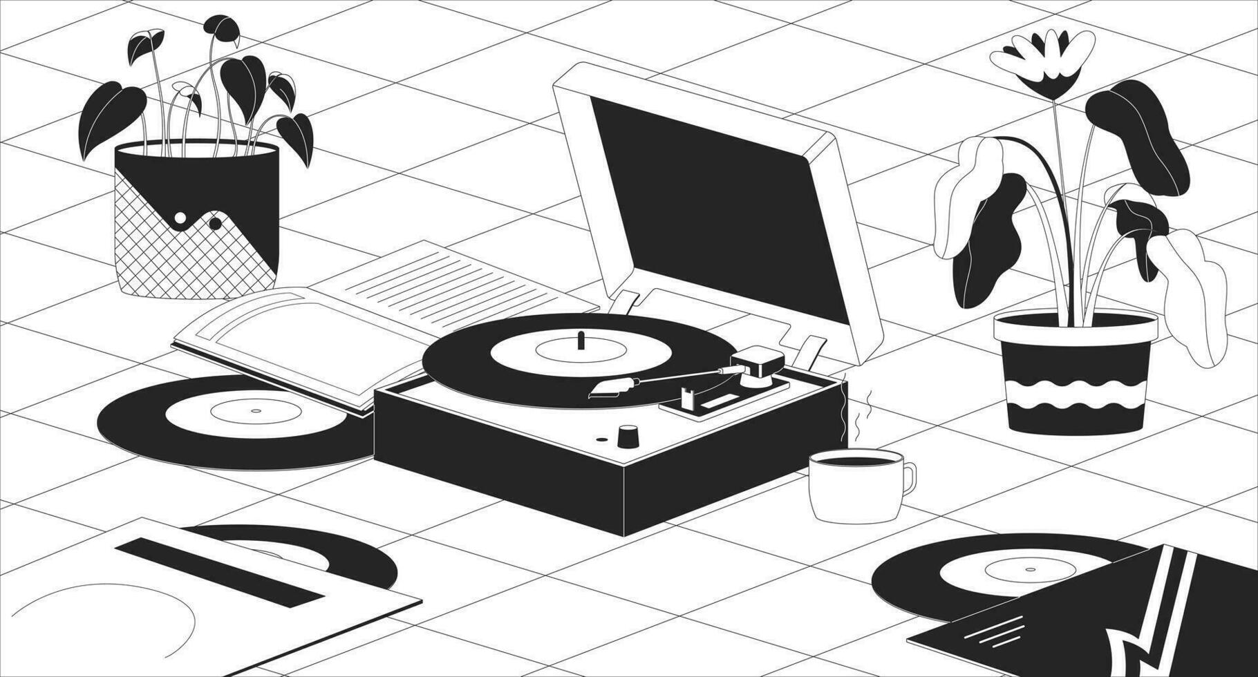 1820x980 Boho vinyl player flowerpots black and white lofi wallpaper. Phonograph records, houseplants 2D outline cartoon flat illustration. Nostalgia. Dreamy vibes vector line lo fi aesthetic background