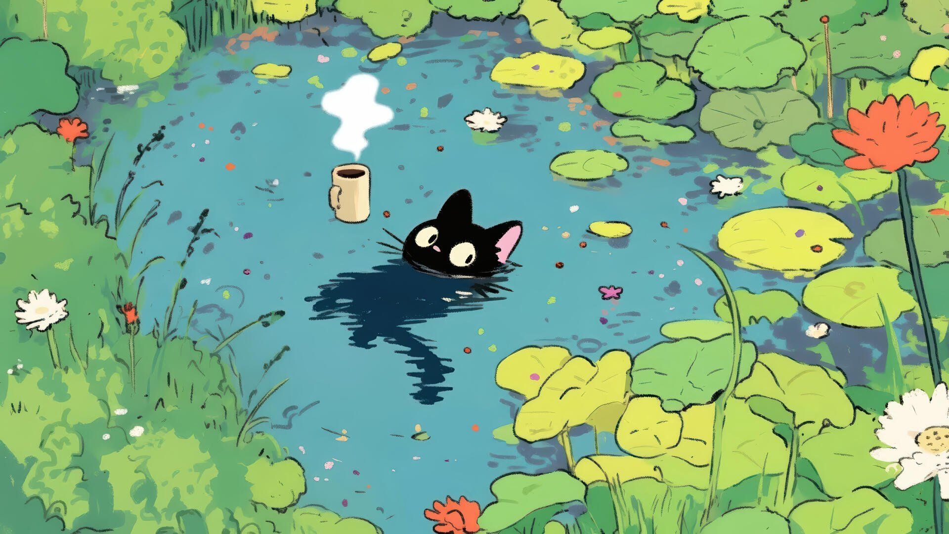 1920x1080 Black Cat Lofi Chill