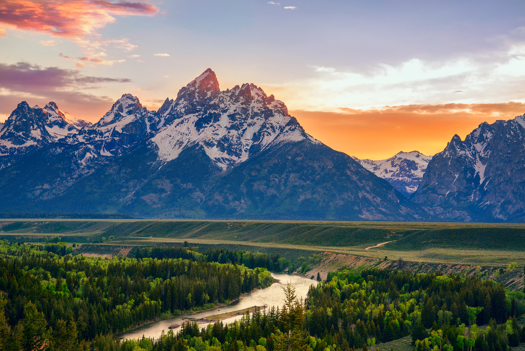 2048x1367 Wallpaper summer, mountains, river, USA, Wyoming, Snake River, national Park Grand Teton, Overlook for mobile and desktop, section пейзажи, resolution 2048x1367