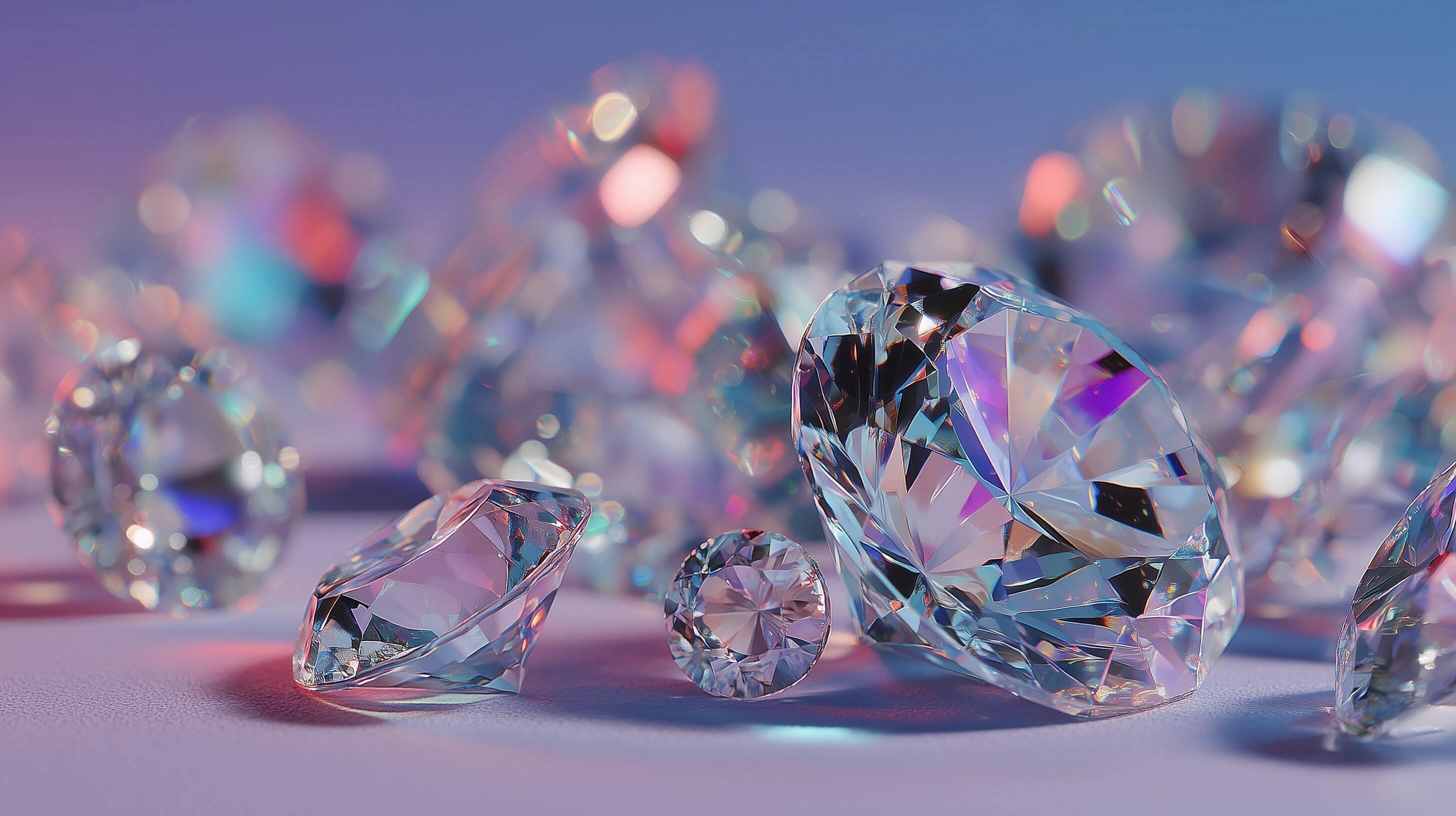 2912x1632 Ultra Realistic 8K Photo Of Scattered Crystals And Gemstones Of Various Sizes With Brilliant Sparkle, Diamond Like Clarity, And Shimmering Reflections On Bright Pastel Background