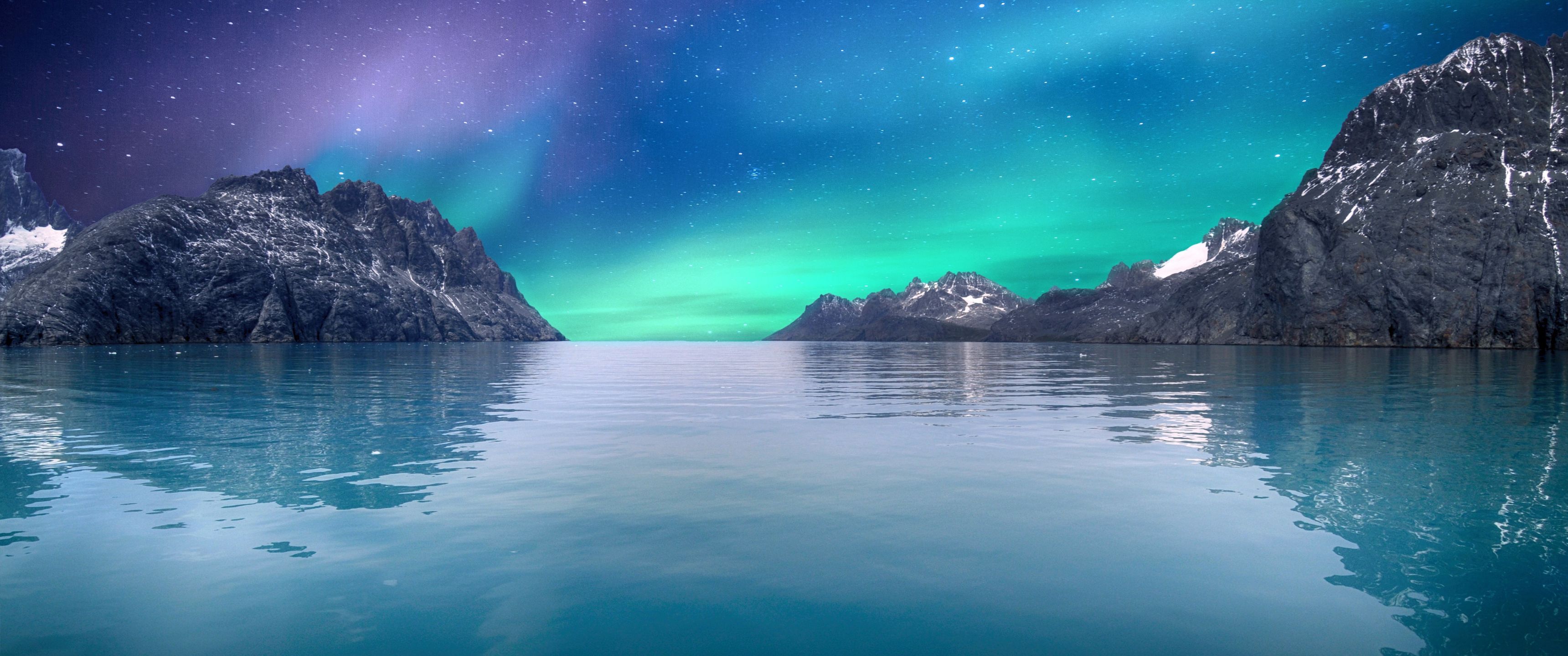3440x1440 Download Sea, Sky, Northern, Polar, Shine, Ocean, Mountains, Rocks, Nature Wallpaper in 3440x1440 Resolution