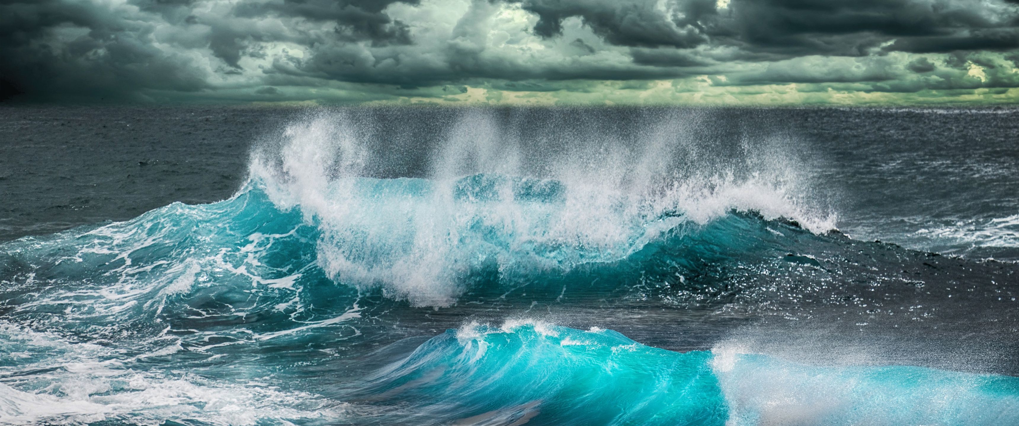 3440x1440 Download Sea, Waves, Sky, Clouds, Scenery, Blue, Storm Wallpaper in 3440x1440 Resolution