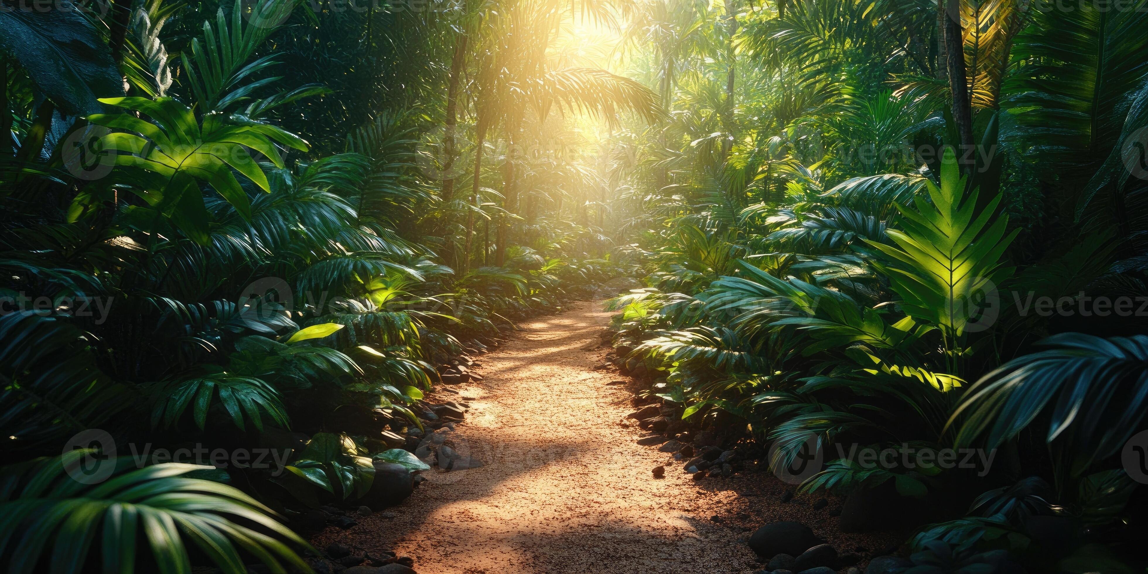 3920x1960 Tropical jungle path leading to bright sunlight with lush green foliage
