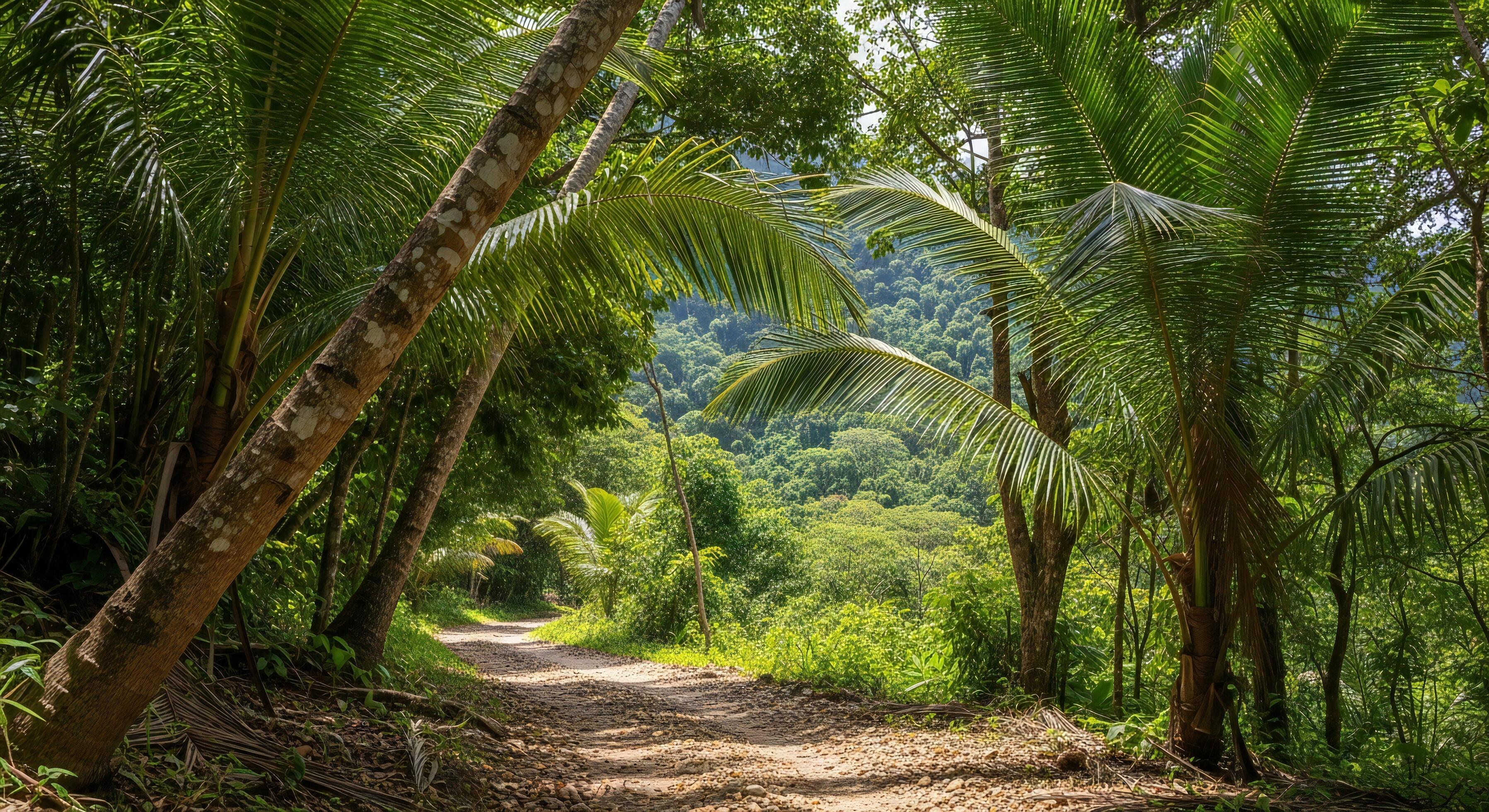 3593x1960 Nature background, Nature wallpaper, A jungle path winds through lush green trees and palm fronds with a misty mountainous backdrop