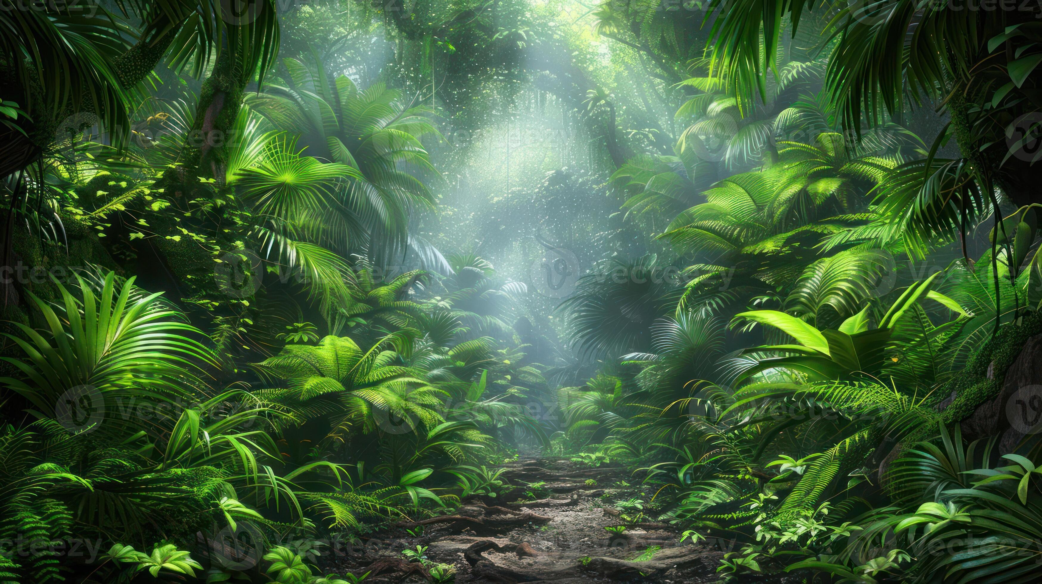 3497x1960 A lush jungle path illuminated by soft light, inviting exploration and connection with nature
