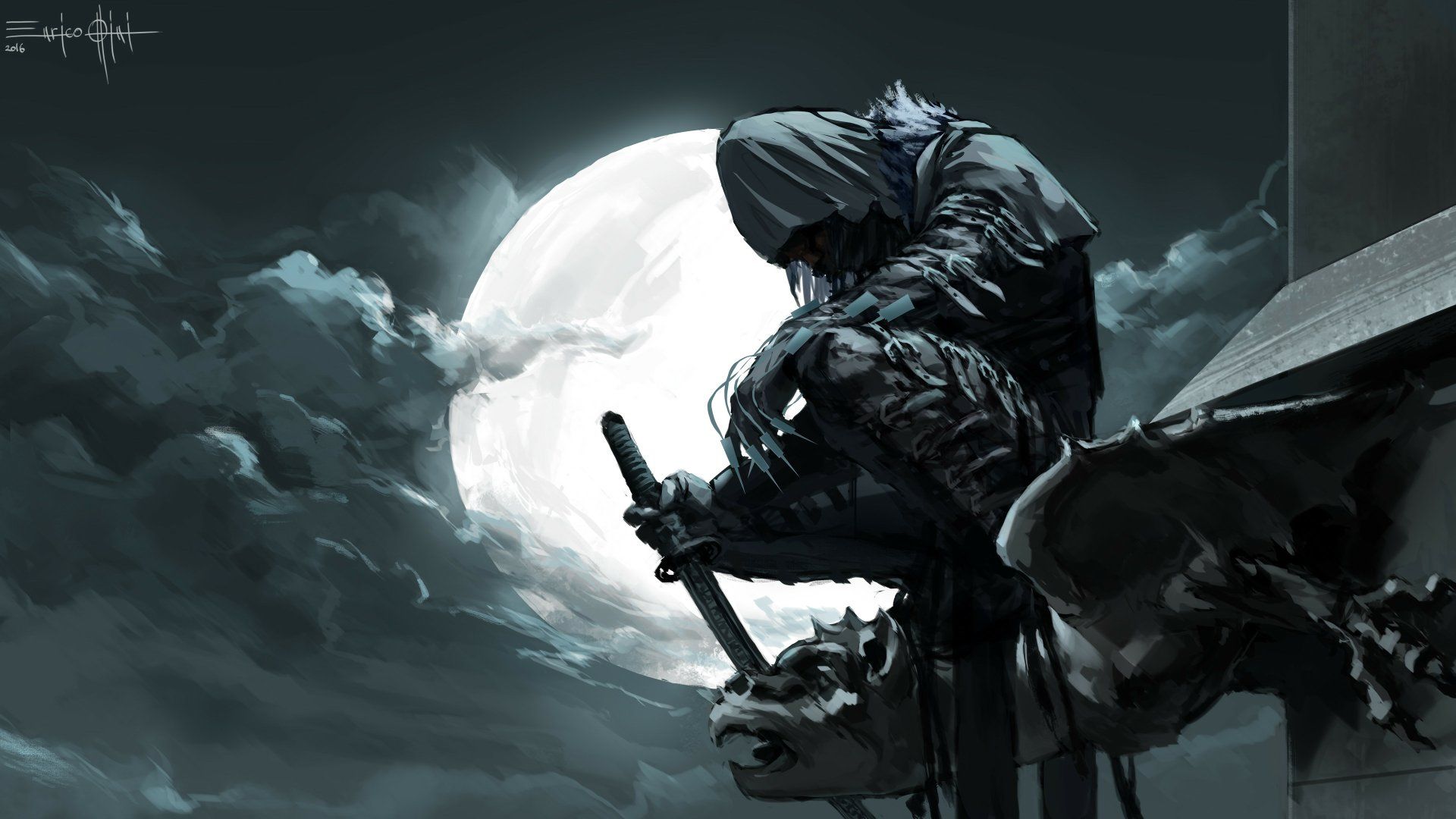 1920x1080 Moonlit Ninja: 4K Ultra HD Fantasy Warrior Wallpaper