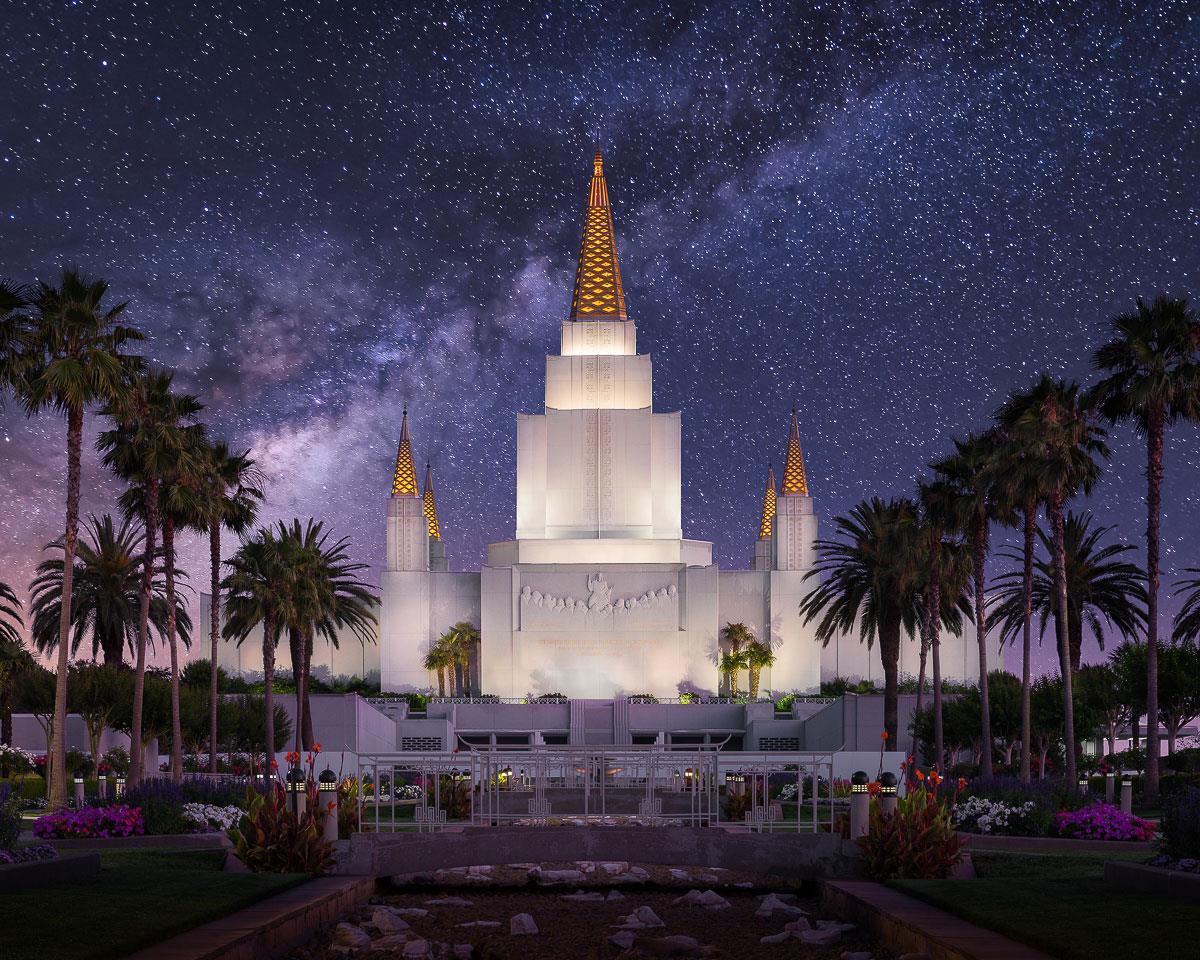 1200x960 oakland celestial by alan fullmer oakland california lds temple bridge orange flowers lit up spires palm trees stars milky way dark blue sky
