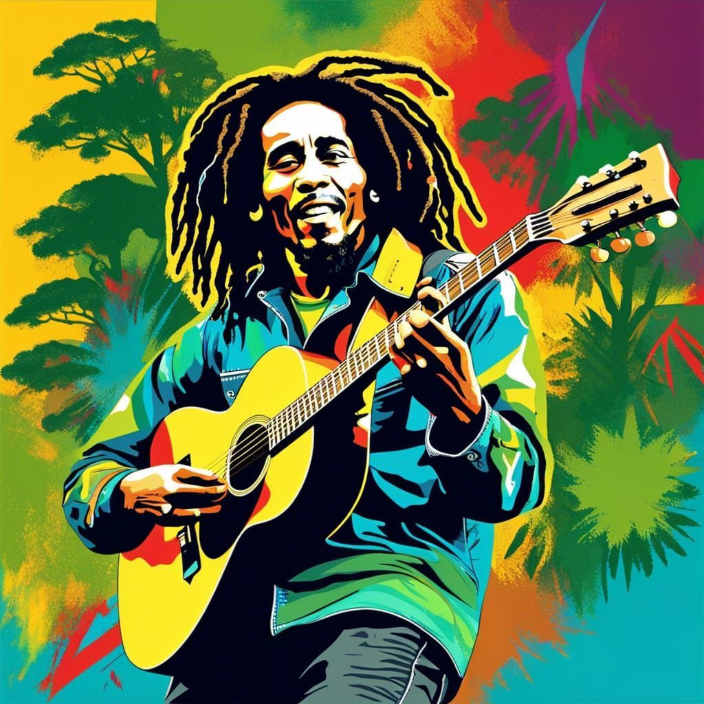 1024x1024 Bob Marley playing guitar, trees background, Scre