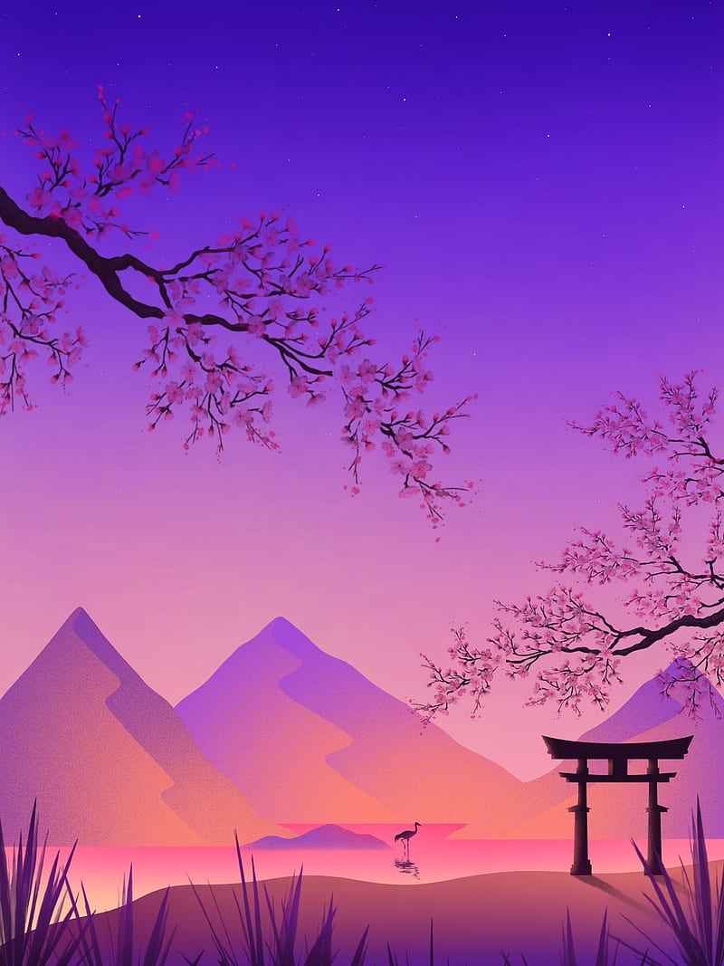 800x1067 Torii, gate, crane, sakura, mountains, art, purple, HD phone wallpaper