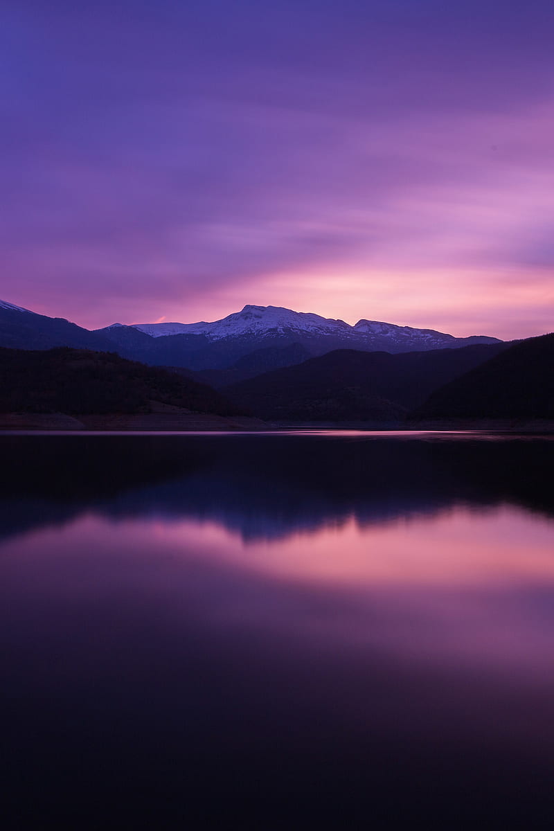 800x1200 Mountain, blue, landscape, purple, sea, sunset, HD phone wallpaper
