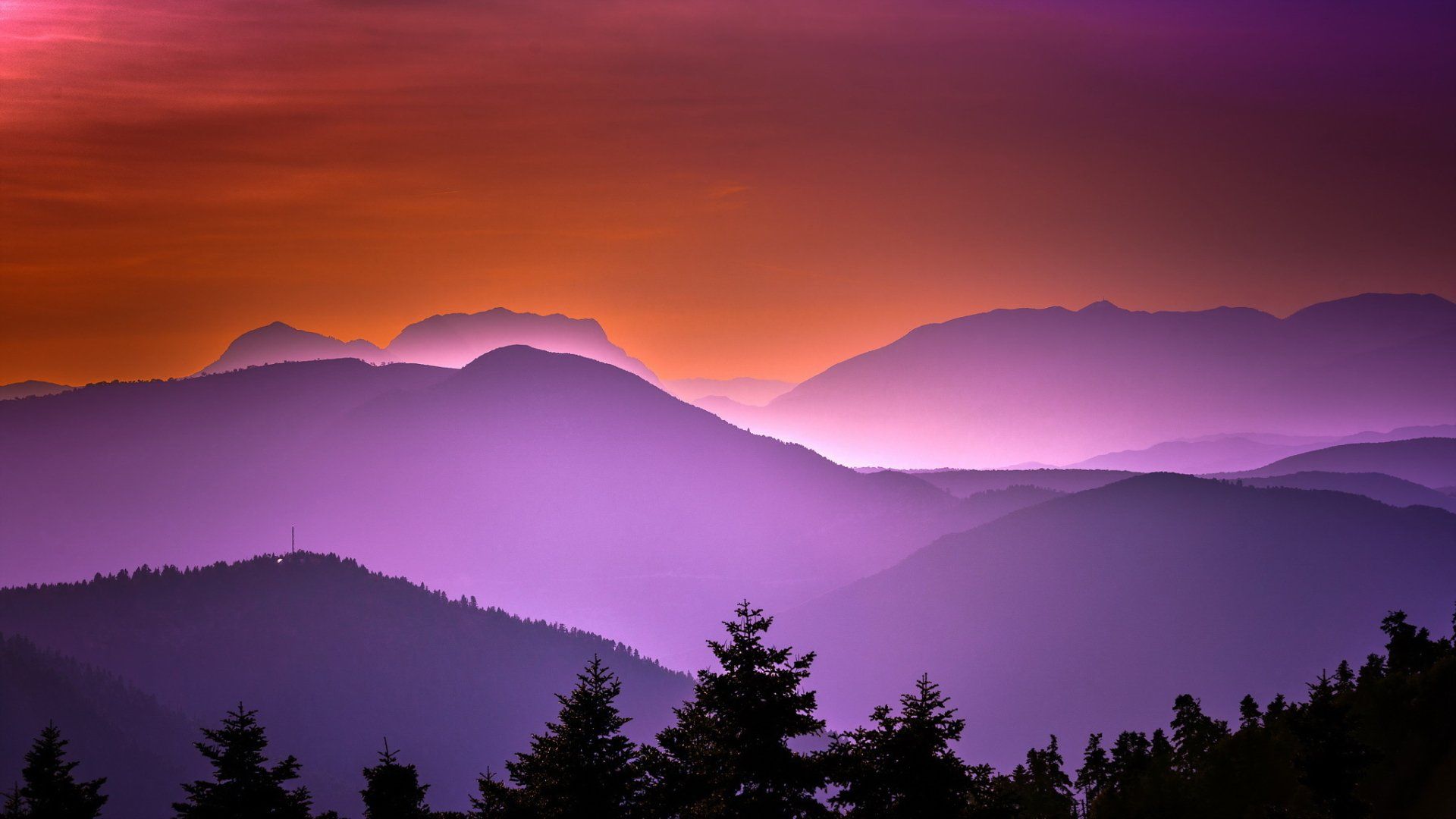 1920x1080 Morning Glow: Orange and Purple Mountain Landscape HD Wallpaperx1152