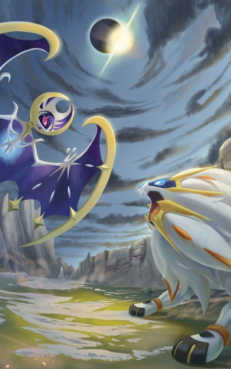800x1280 Download 800x1280 Lunala, Pokemon, Solgaleo, Artwork, Clouds