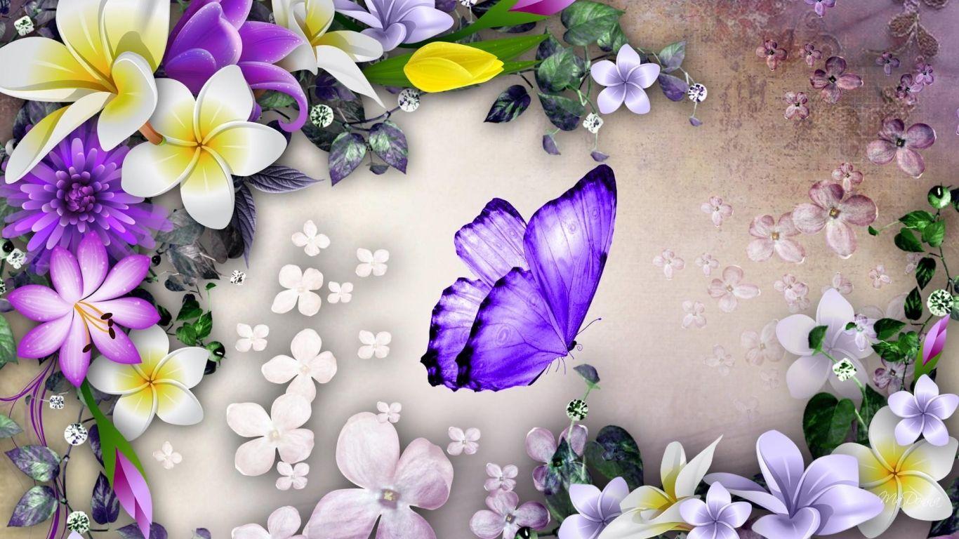 1366x768 Free download Purple butterfly and flowers collage wallpaper