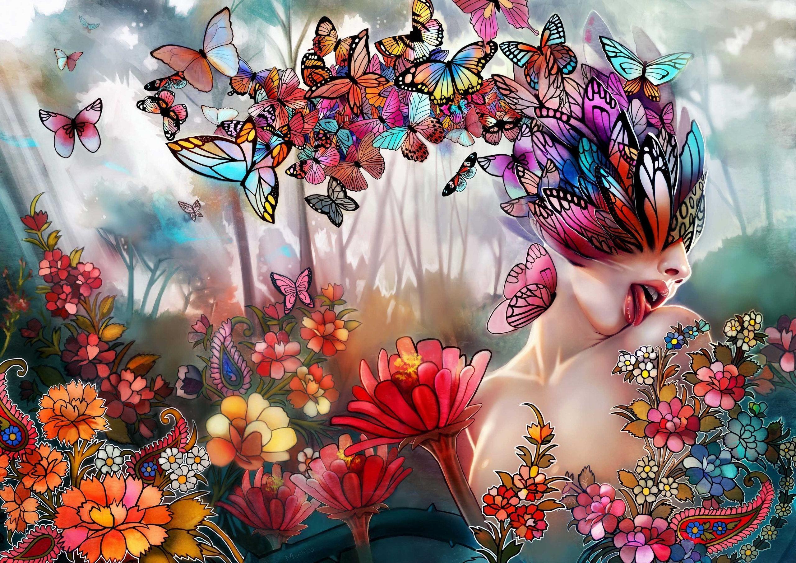 2560x1809 Art, Flowers, Butterflies, girl, language, collage wallpaper