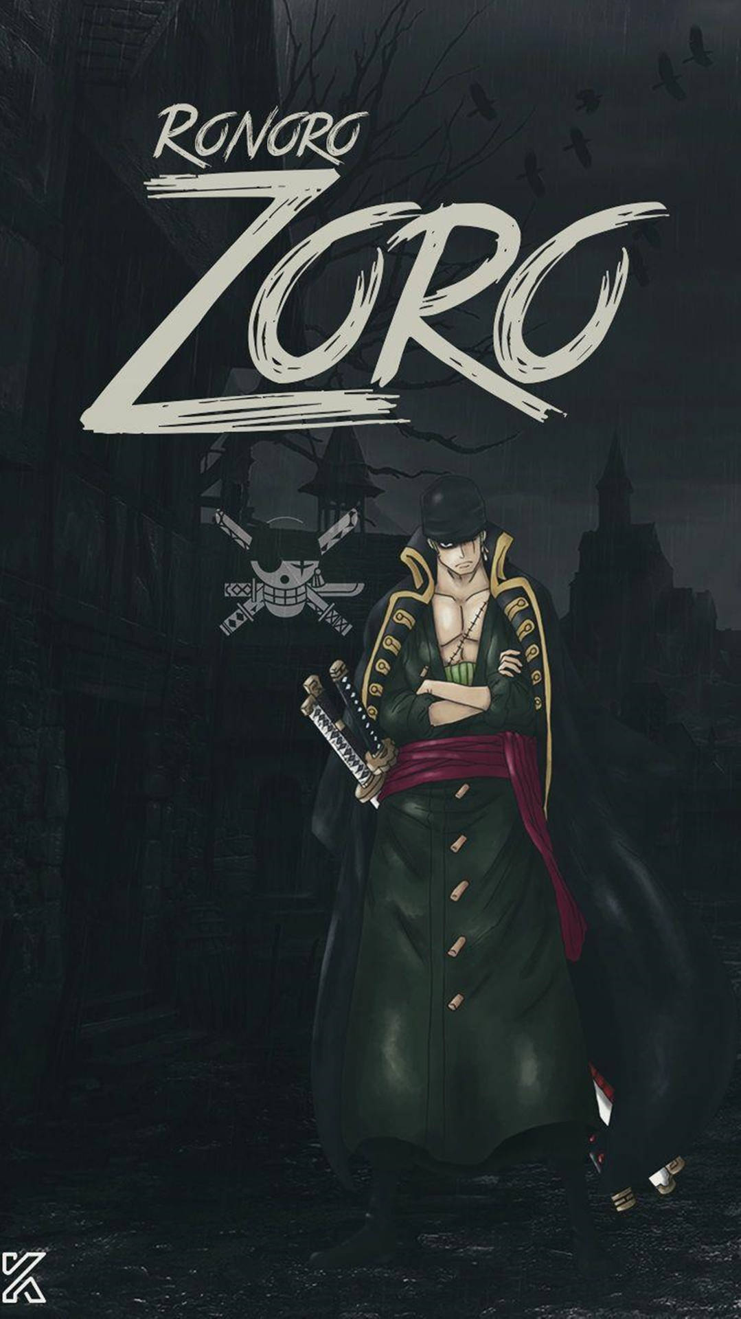 1079x1920 One Piece Zoro 4k Dark Logo Wallpaper