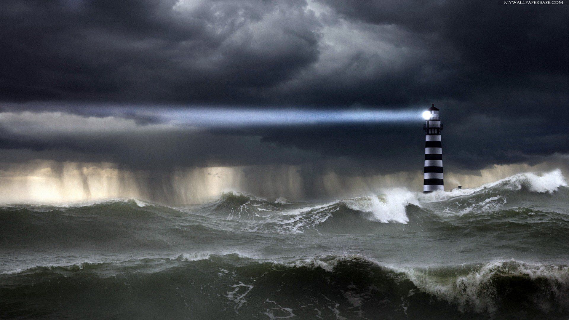 1920x1080 Stormy Ocean Waves Crash Near Guiding Lighthouse Wallpaperx1080
