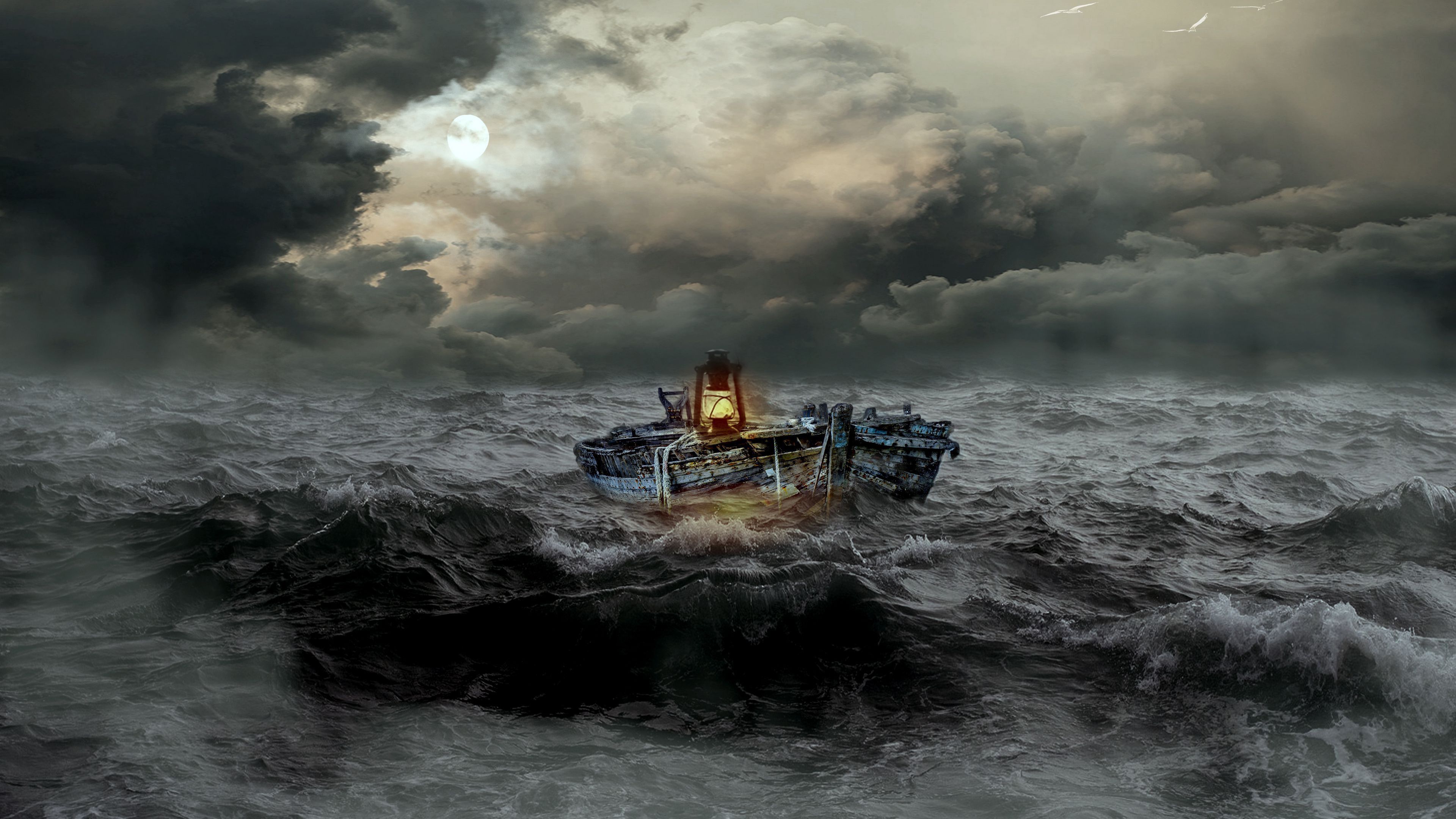 3840x2160 Boat Storm Sea Waves Overcast 4K HD Wallpaper