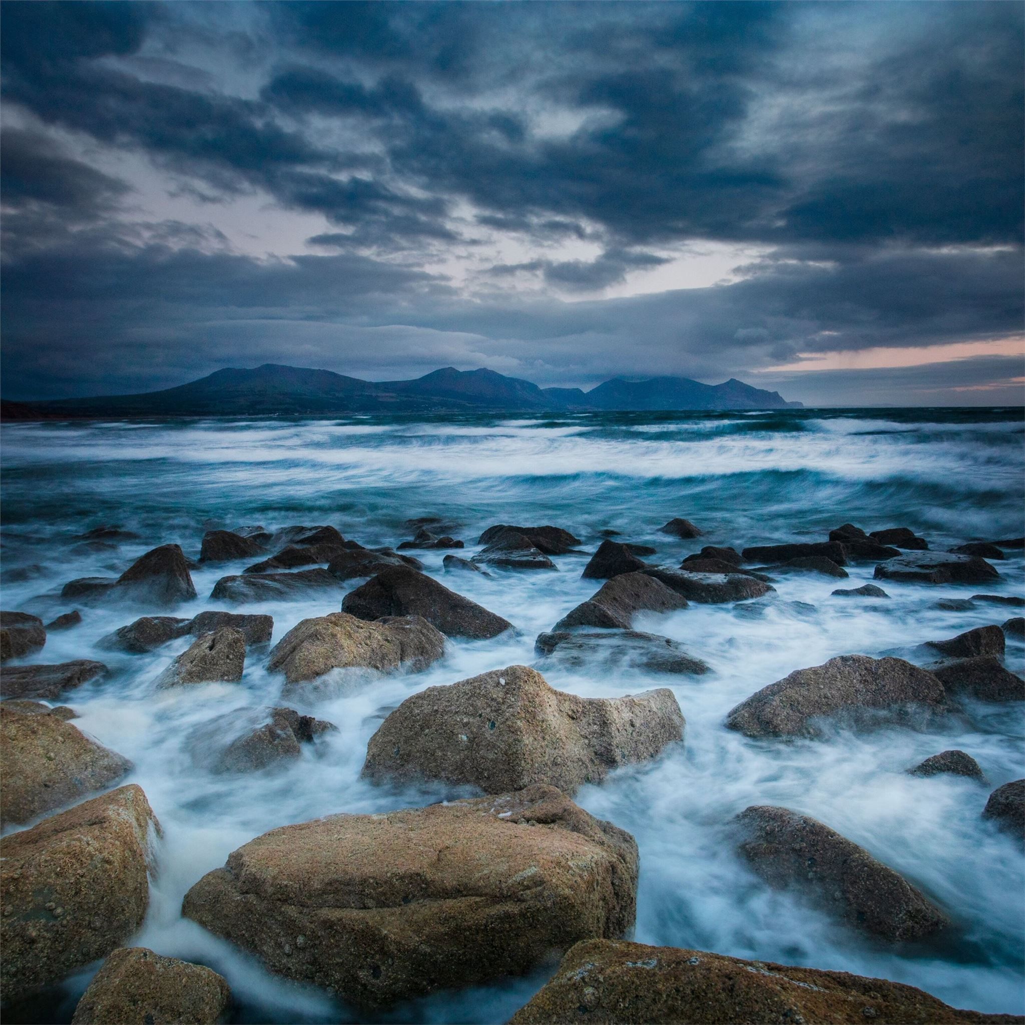 2048x2048 storm sea rocks long exposure iPad Air Wallpaper Free Download