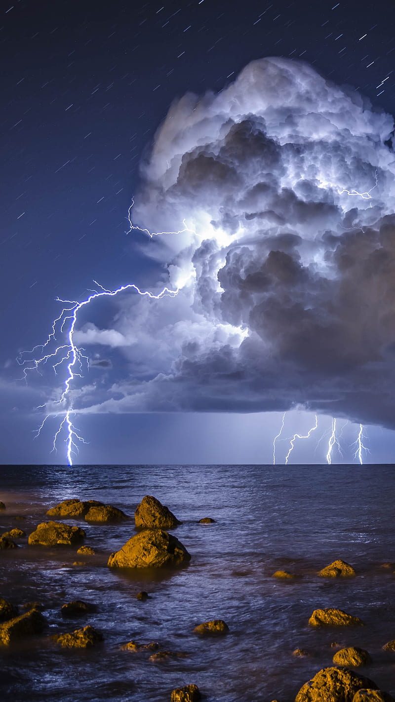 800x1422 Storm, blue, cloud, lightning, nature, sea, sky, stones, HD phone wallpaper