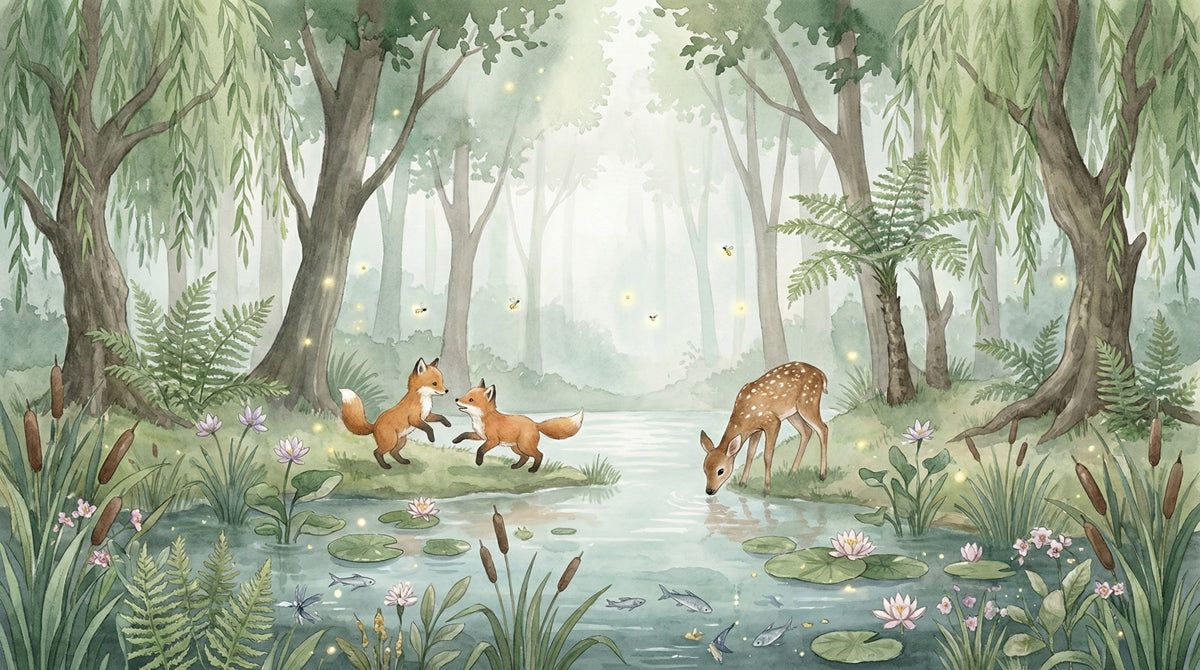 1200x670 Watercolor Forest Friends Mural Wallpaper