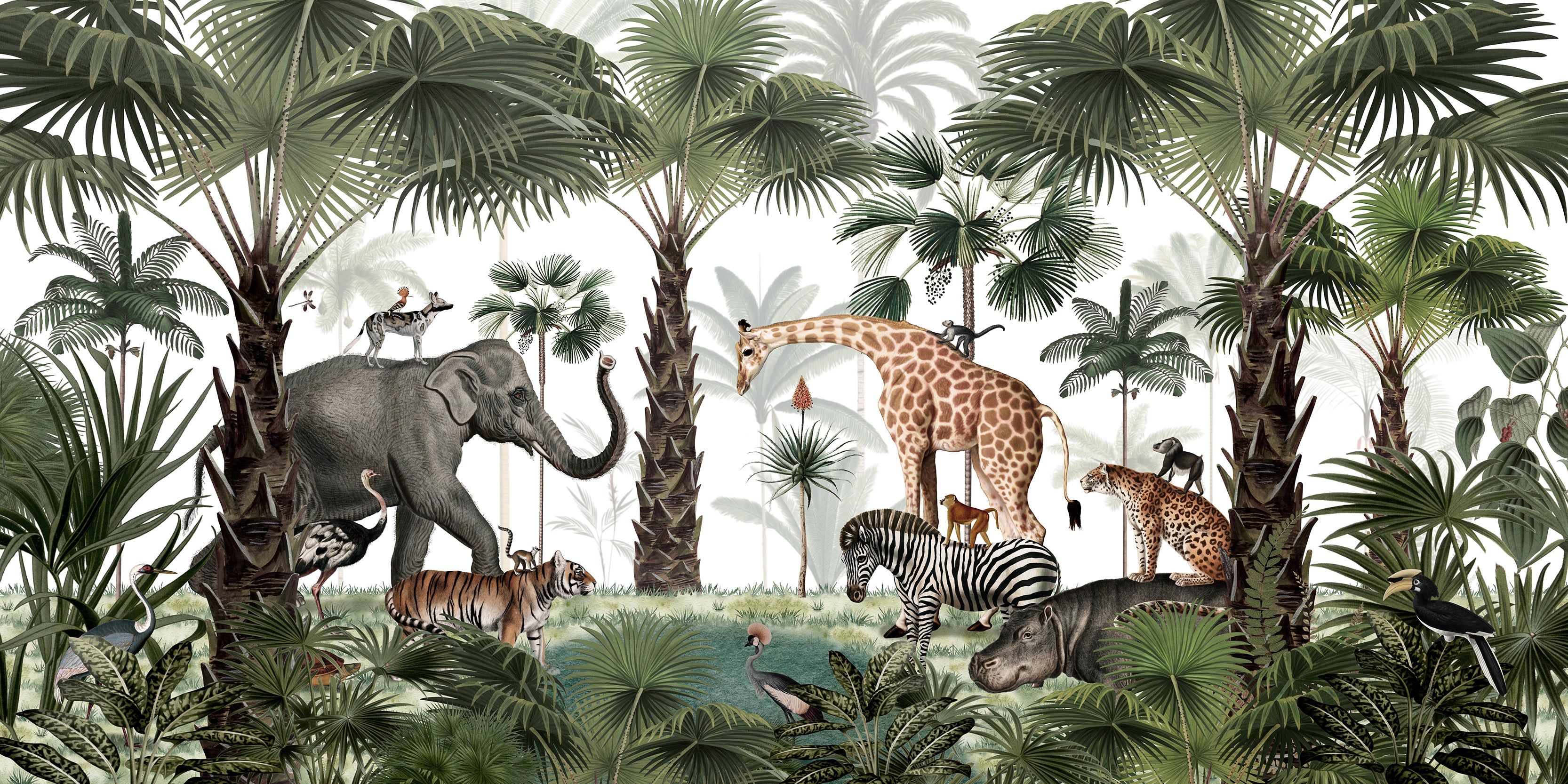 3332x1666 Animals in the Jungle Green Watercolour Children's Wall Mural