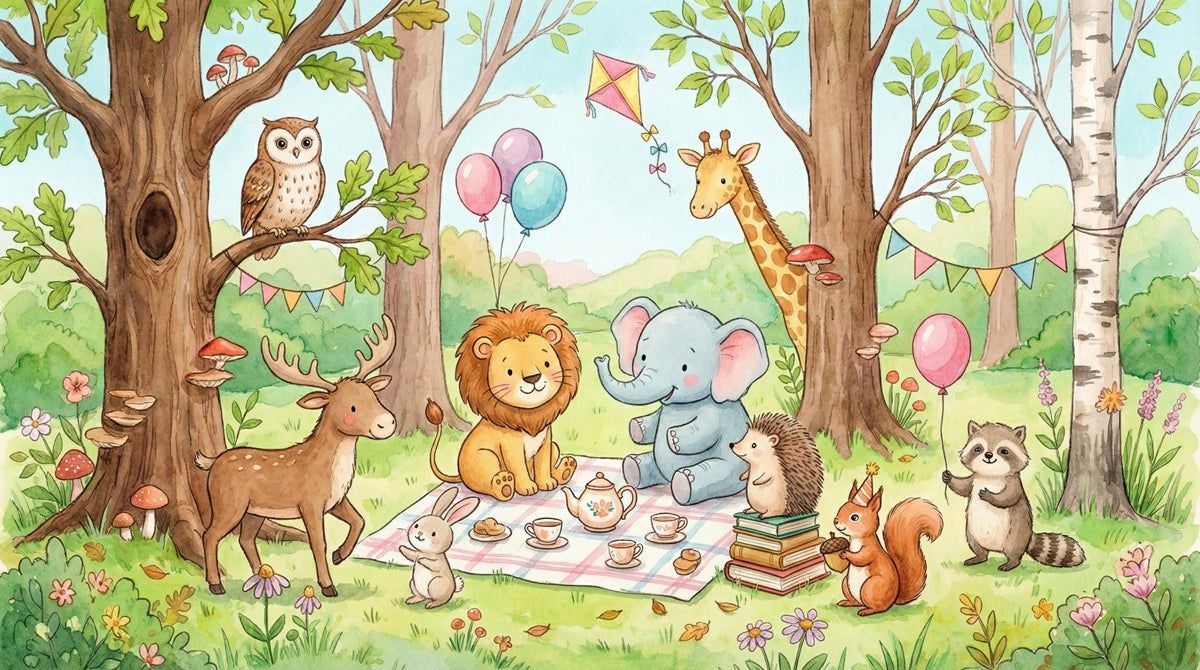 1200x670 Watercolor Woodland Animals Picnic Mural Wallpaper