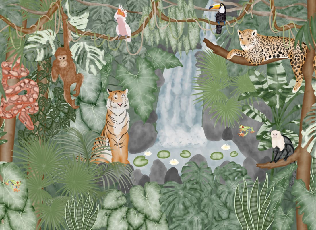1101x801 Watercolor Jungle Oasis Animal Wallpaper Mural