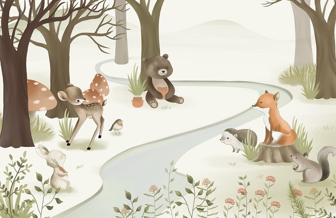 1155x750 Woodland Animals Mural Wallpaper: Soft Pastel Forest Adventure for Kids' Rooms