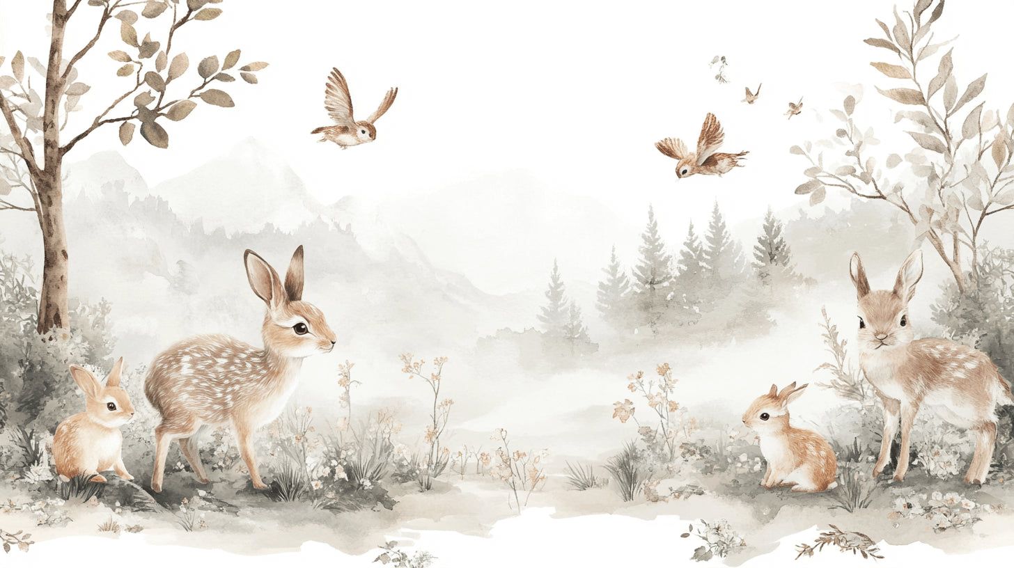 1456x816 Forest Animals Mural Wallpaper. Enchanted Woodland with Bunnies and Birds