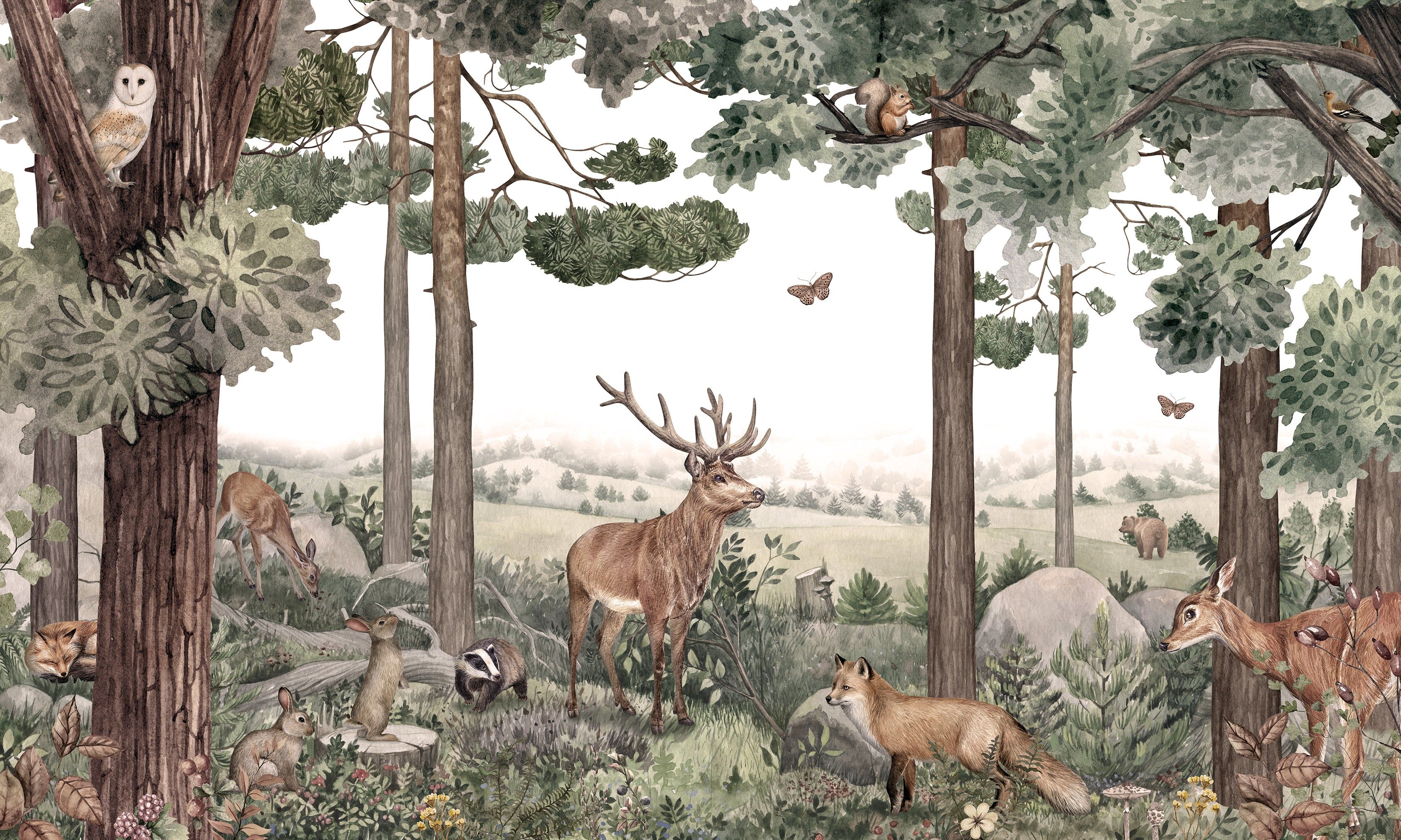 3333x2000 Forest Jive's Brown Woodland Animal & Trees Wallpaper Mural