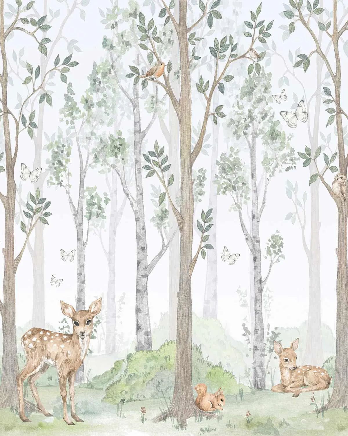 1200x1500 Woodland Forest Animals Wallpaper Mural in Green Gender Neutral Kids