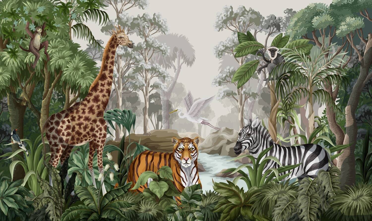 1500x892 Realistic Jungle Animals River Wallpaper Mural