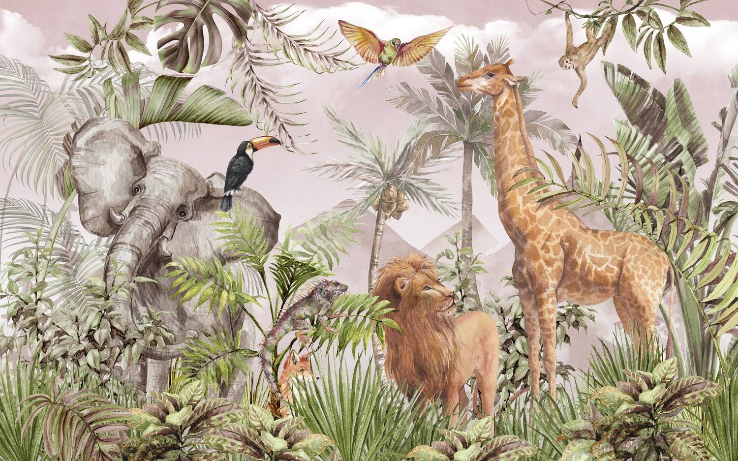1500x937 Tropical Wildlife Animals Jungle & Safari Pink Sky Wallpaper Mural