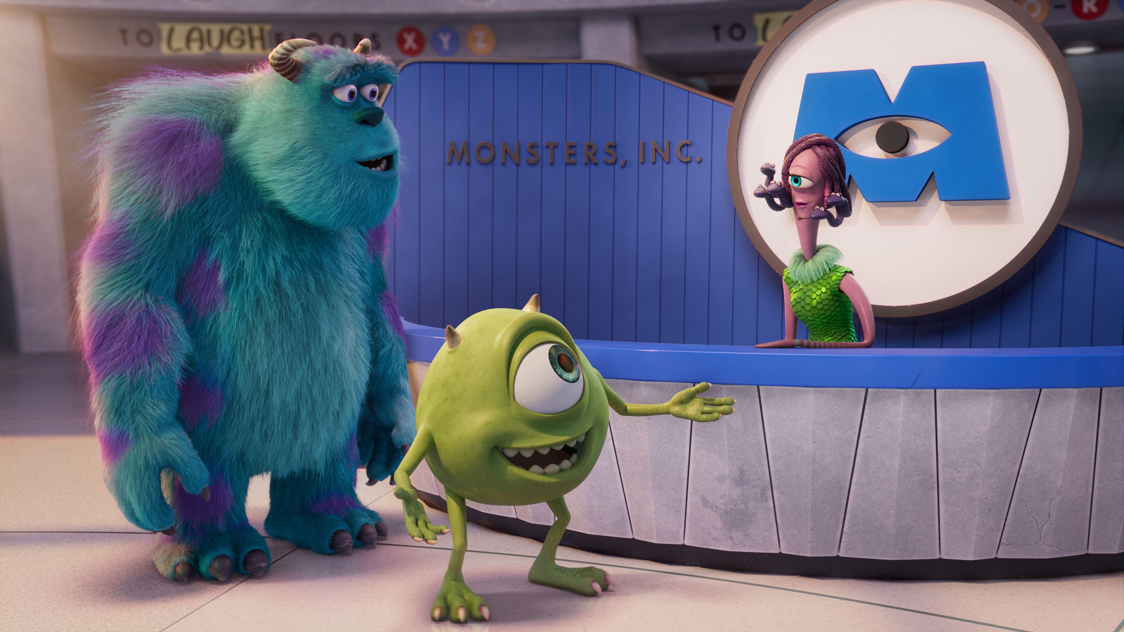 3840x2160 Celia Mae James P. Sullivan Mike Wazowski 4K HD Monsters at Work Wallpaper