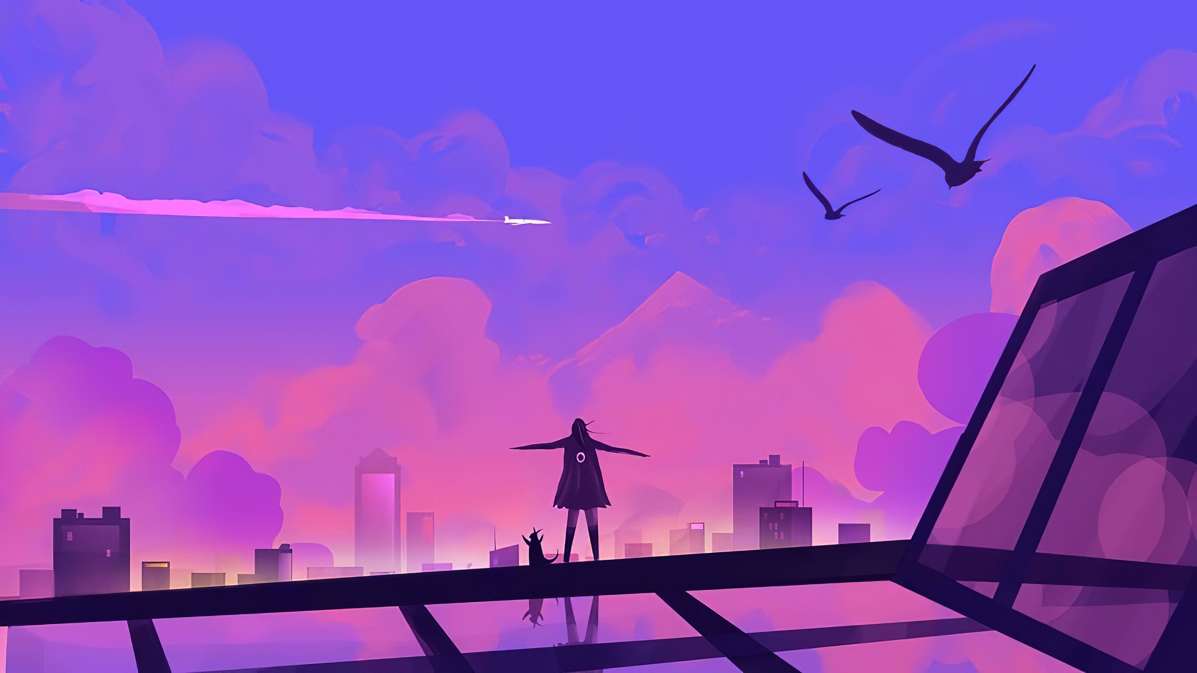 3840x2160 Girl Is Standing On Top Of Building Under Purple Pink Sky 4K HD Vaporwave Wallpaper