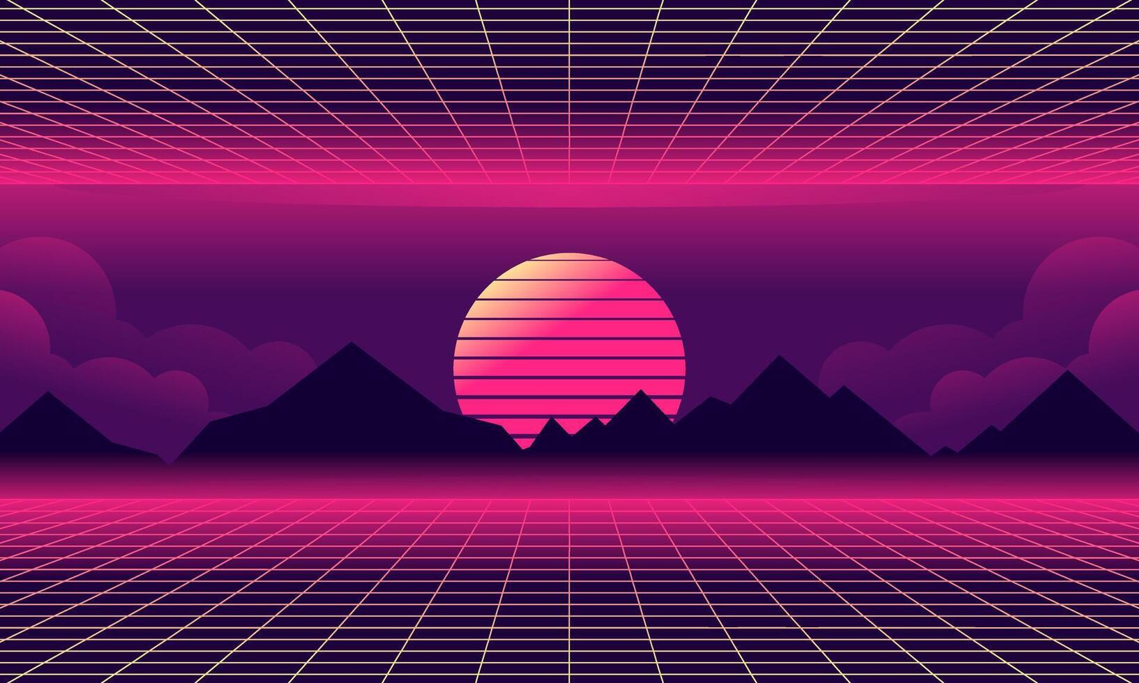 1633x980 Vaporwave Landscape Illustration. Retro Landscape Skyline With Neon Light Grid Sun And Mountain Sci Fi Futuristic Concept For Background And Wallpaper