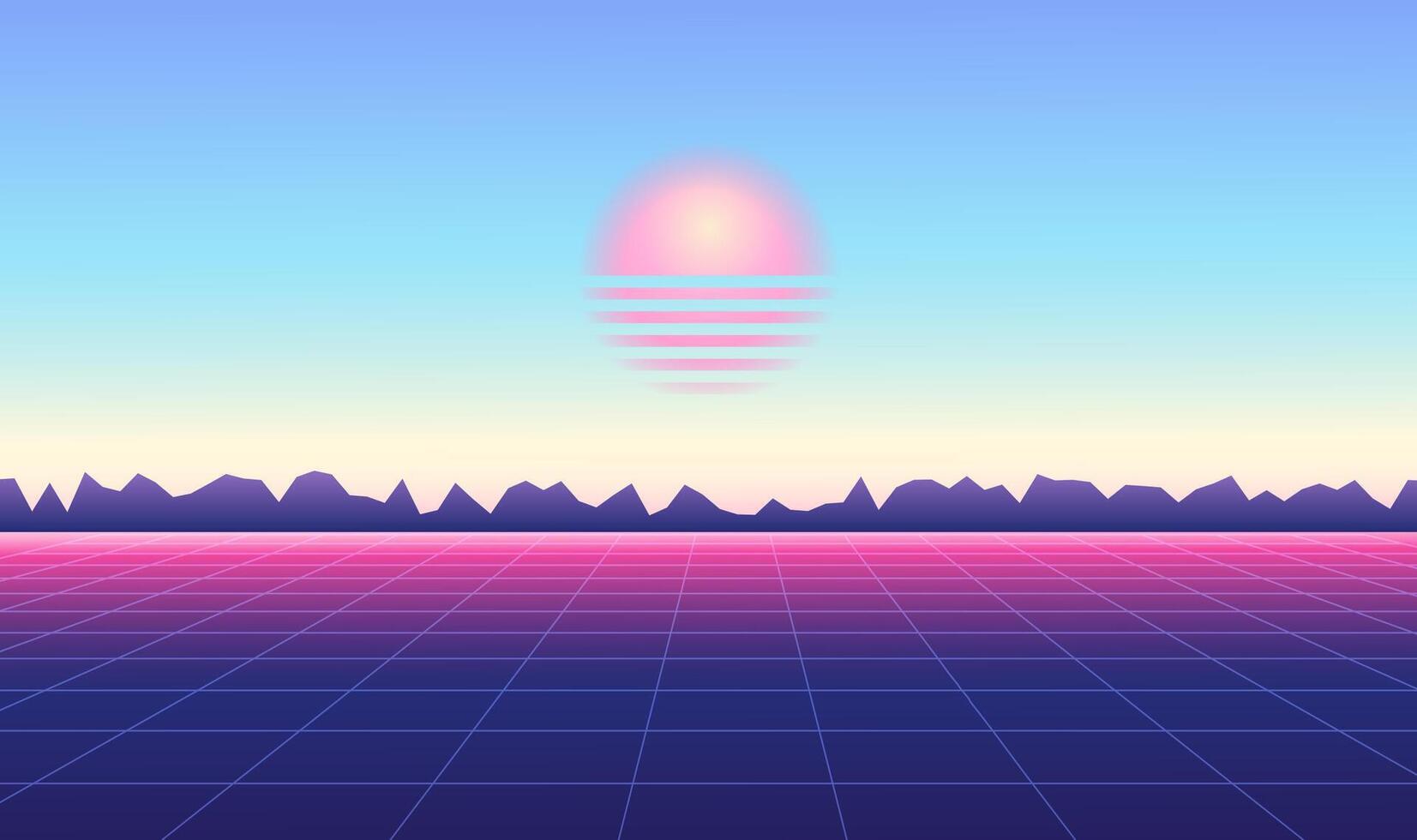 1653x980 Abstract vaporwave landscape with sun rising over mountains silhouette and on calm soft pink and blue day background. Vintage vector illustration