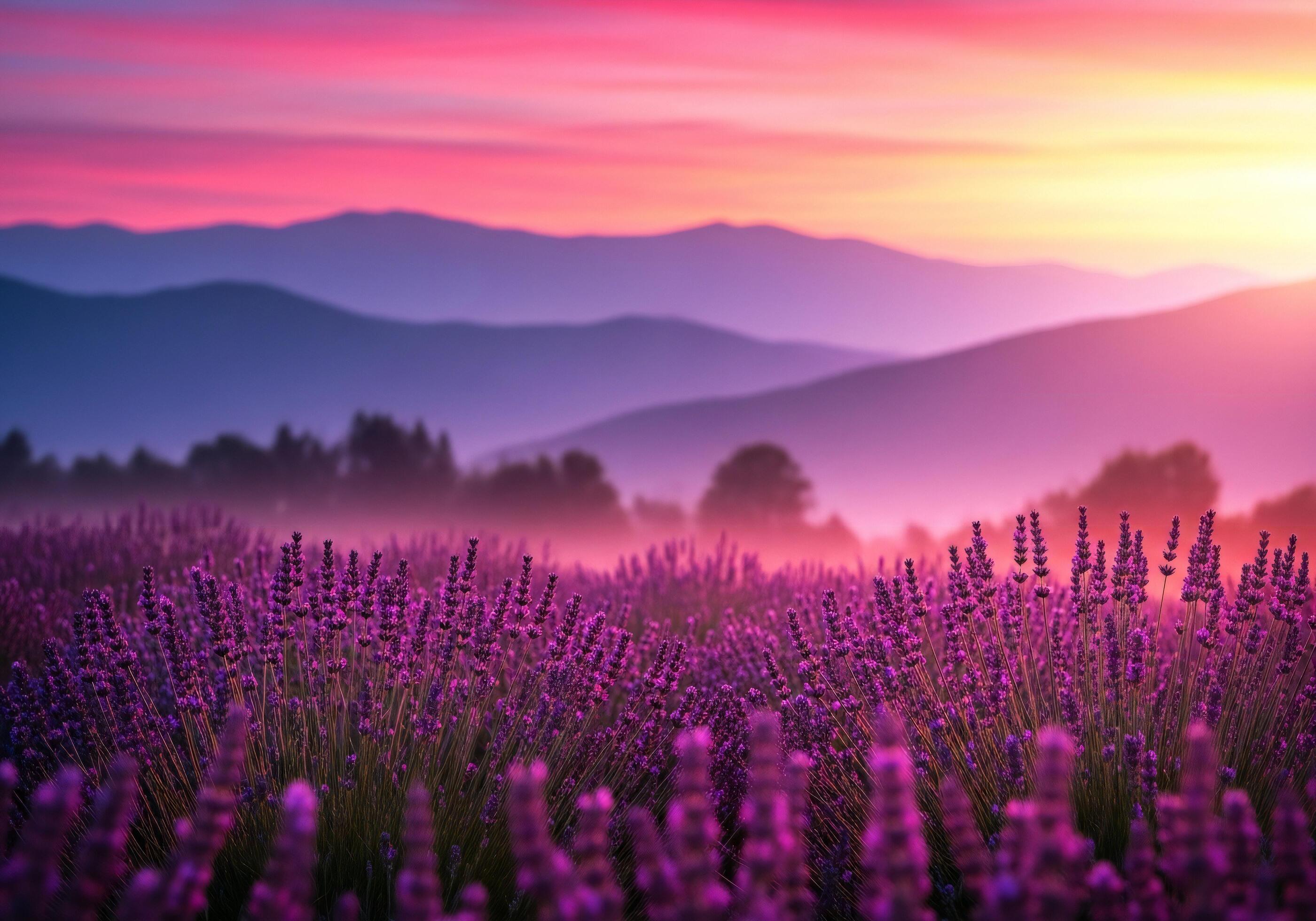 2800x1960 Nature background, Nature wallpaper, Vast purple lavender field under a vibrant pink and orange sunset sky with layered mountains in the distance