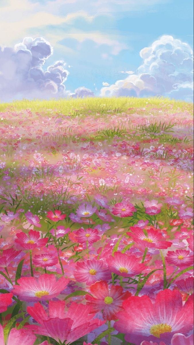 676x1200 Field of Pink Flowers Under a Blue Sky. Wallpaper alam, Wallpaper estetika, Pretty wallpaper