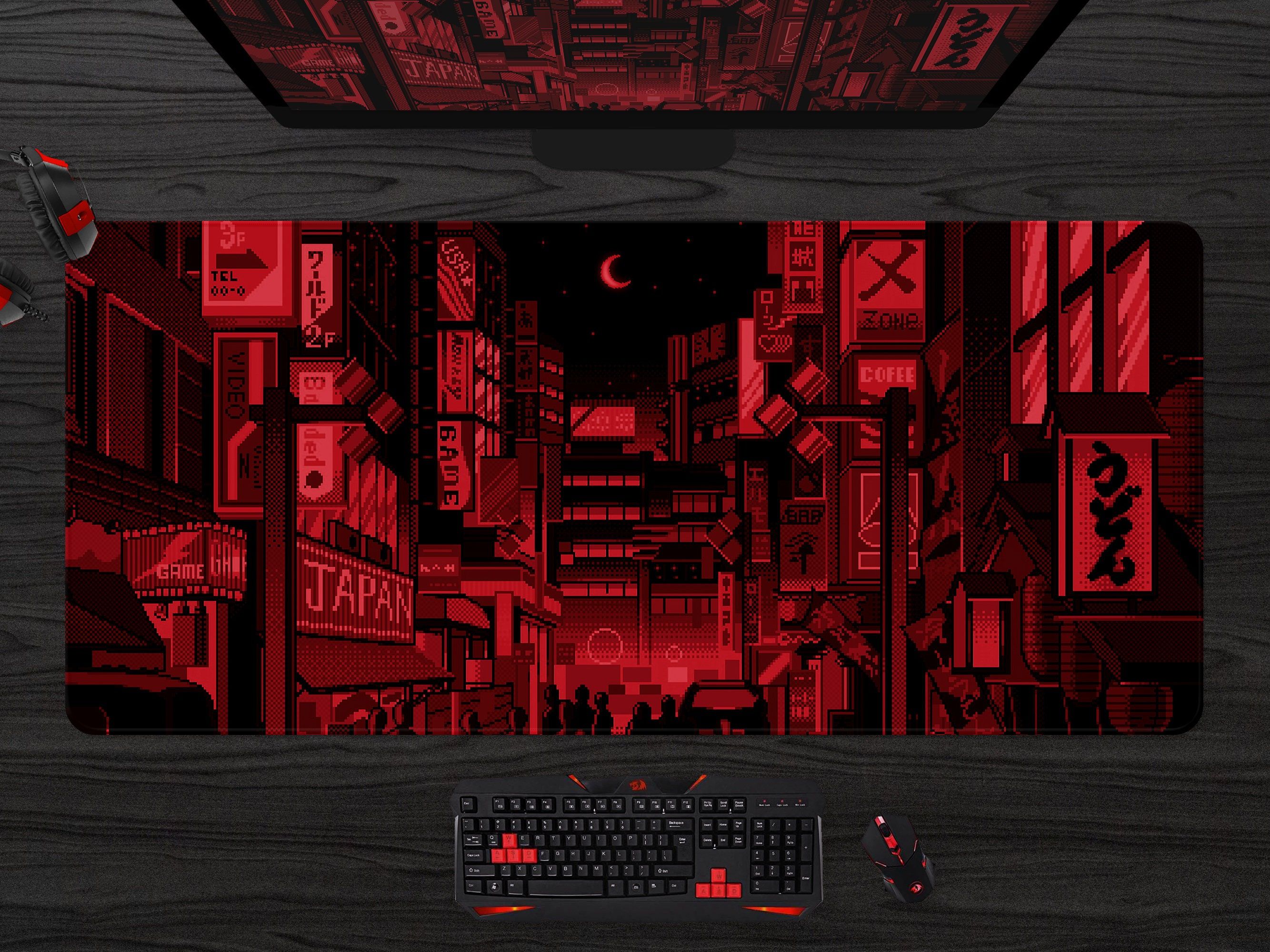 2667x2000 Neon Tokyo Desk Mat Red, Vaporwave Anime Street, Purple Japanese Pixel Art, Skyline City Mousepad, XXL Big Gaming Mouse Pad Multiple Sizes