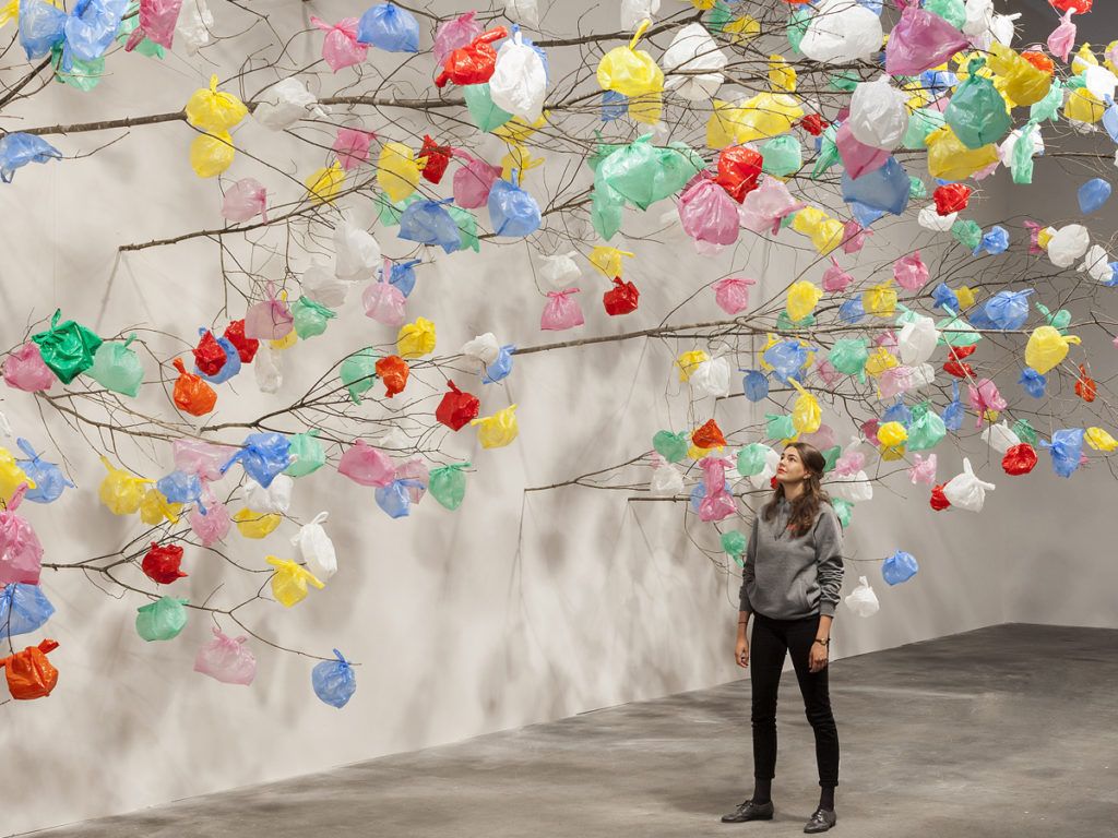 1024x768 Pascale Marthine Tayou, Plastic Tree, 2014 2015 Branches, Plastic Bags Variable Dimensions Exhibition View Art Basel