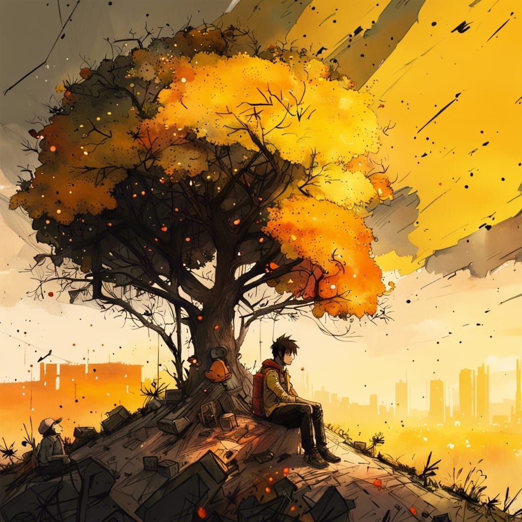 1024x1024 melancholy hill Scene: Figure Under Plastic Tree