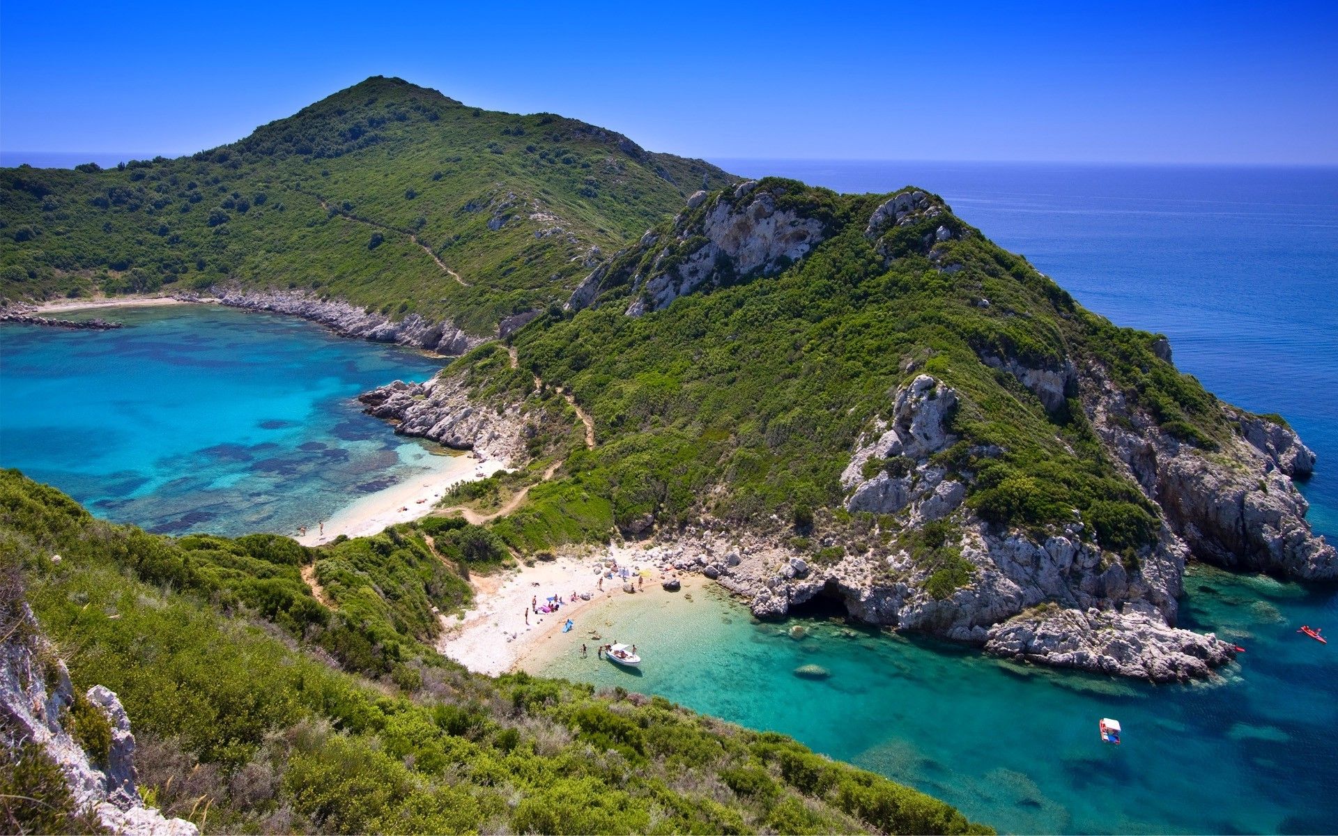 1920x1200 nature, Landscape, Photography, Beach, Sea, Hills, Summer, Shrubs, Boat, Blue, Sky, Sand, Island, Greece Wallpaper HD / Desktop and Mobile Background
