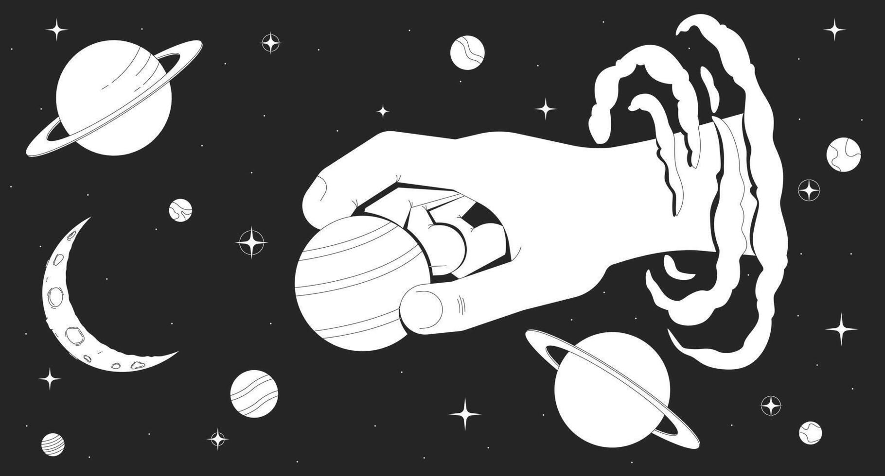 1820x980 Creation of the universe lofi illustration outline. Dreamy stars, celestial space. Cosmic hand holding planet in whimsical galaxy 2D ink linear flat lo fi drawing. line art aesthetic wallpaper 60385006 Vector Art
