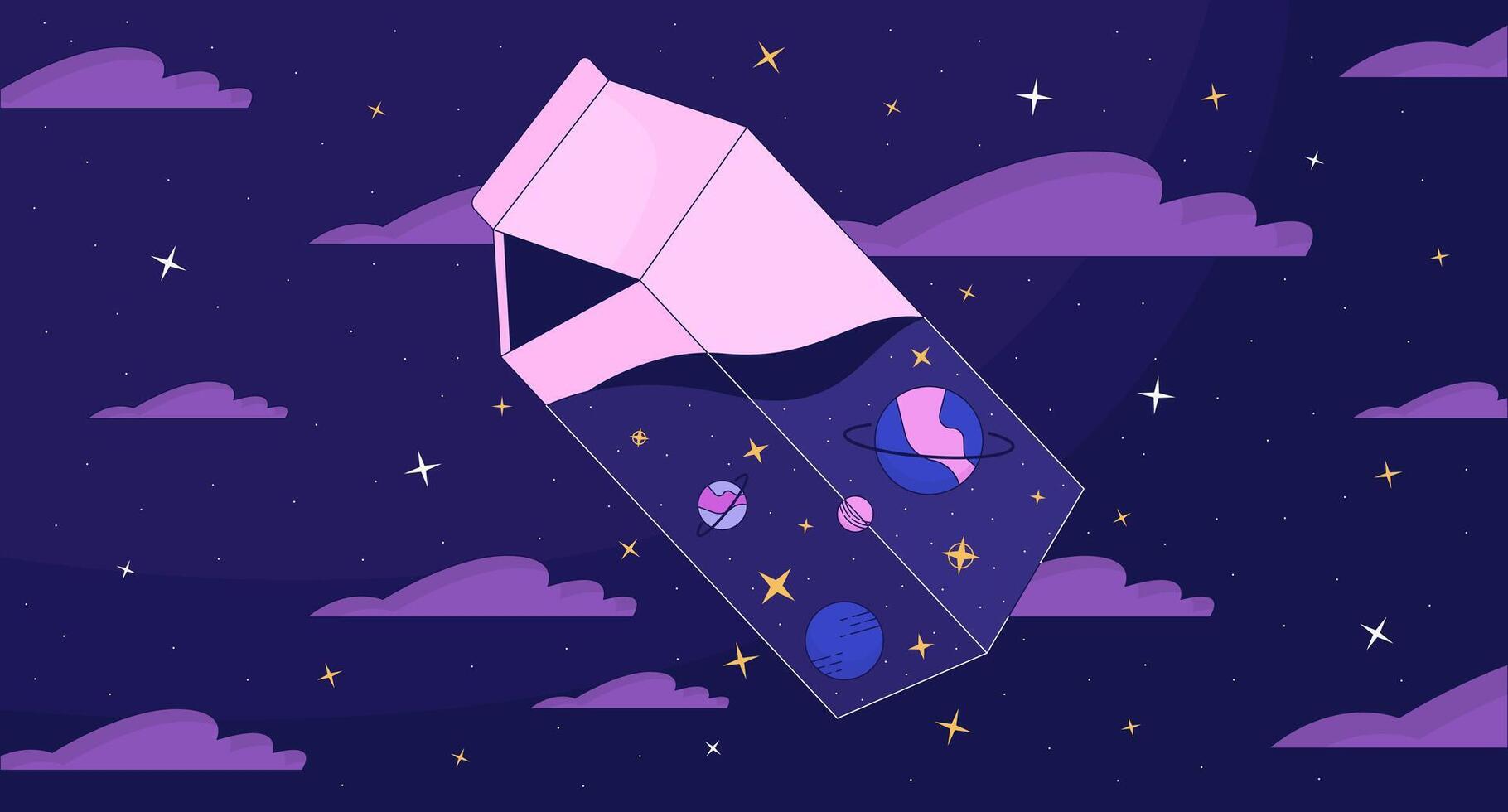 1820x980 Cosmic milk in night sky lofi wallpaper. Transparent pack with planets and stars 2D cartoon flat illustration. Dream about space exploration chill art, lo fi aesthetic colorful background 45872065 Vector Art